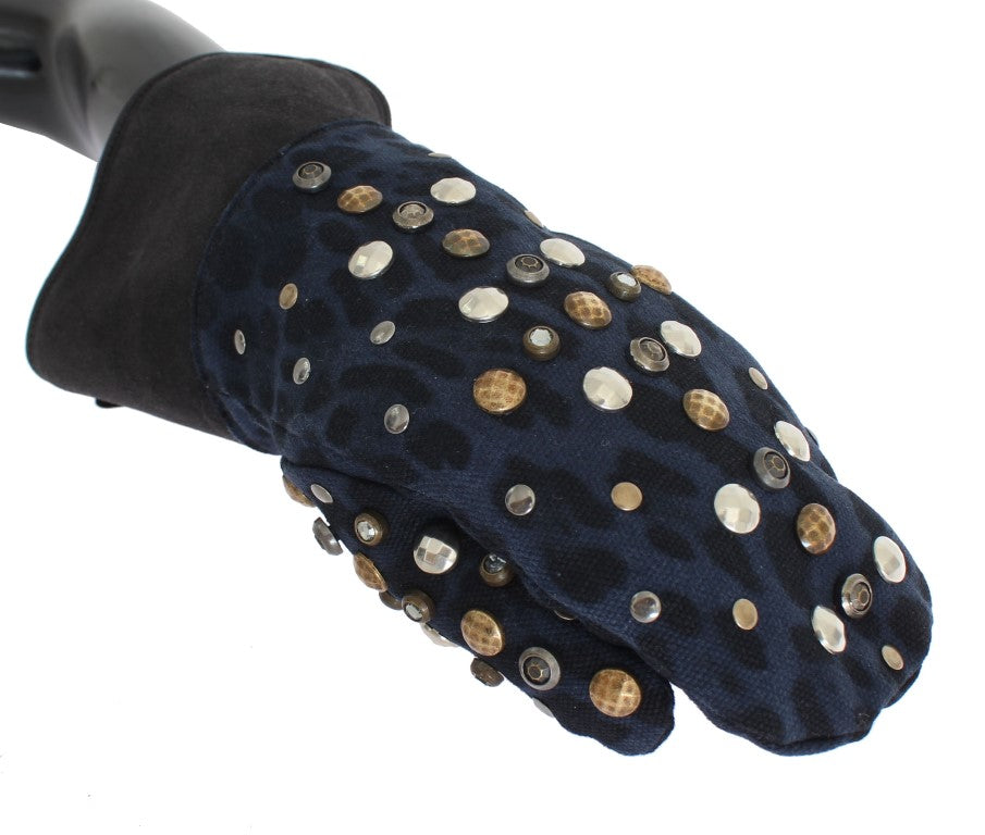 Dolce & Gabbana Gray Wool Shearling Studded Blue Leopard Gloves | Regal Royce