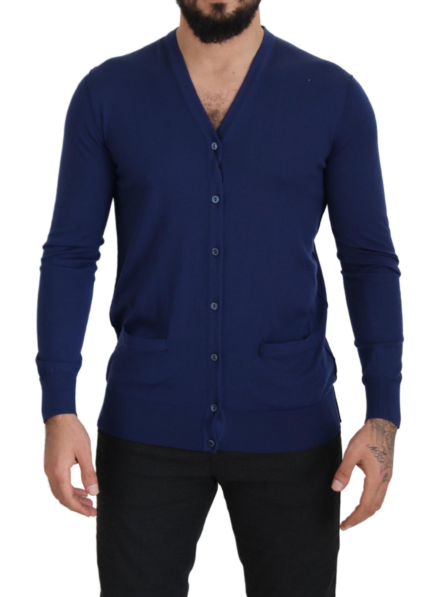 Dolce & Gabbana Blue Wool V-neck Button Down Cardigan Sweater | Regal Royce