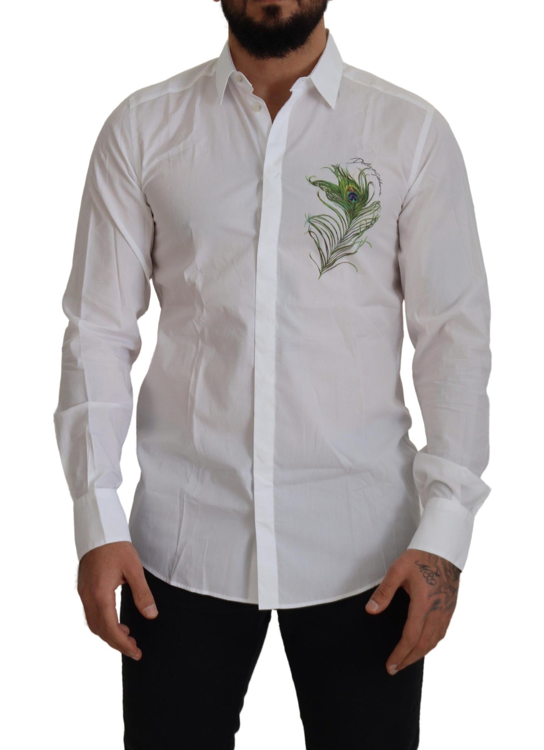 Dolce & Gabbana White Cotton Peacock Feather Formal GOLD Shirt | Regal Royce