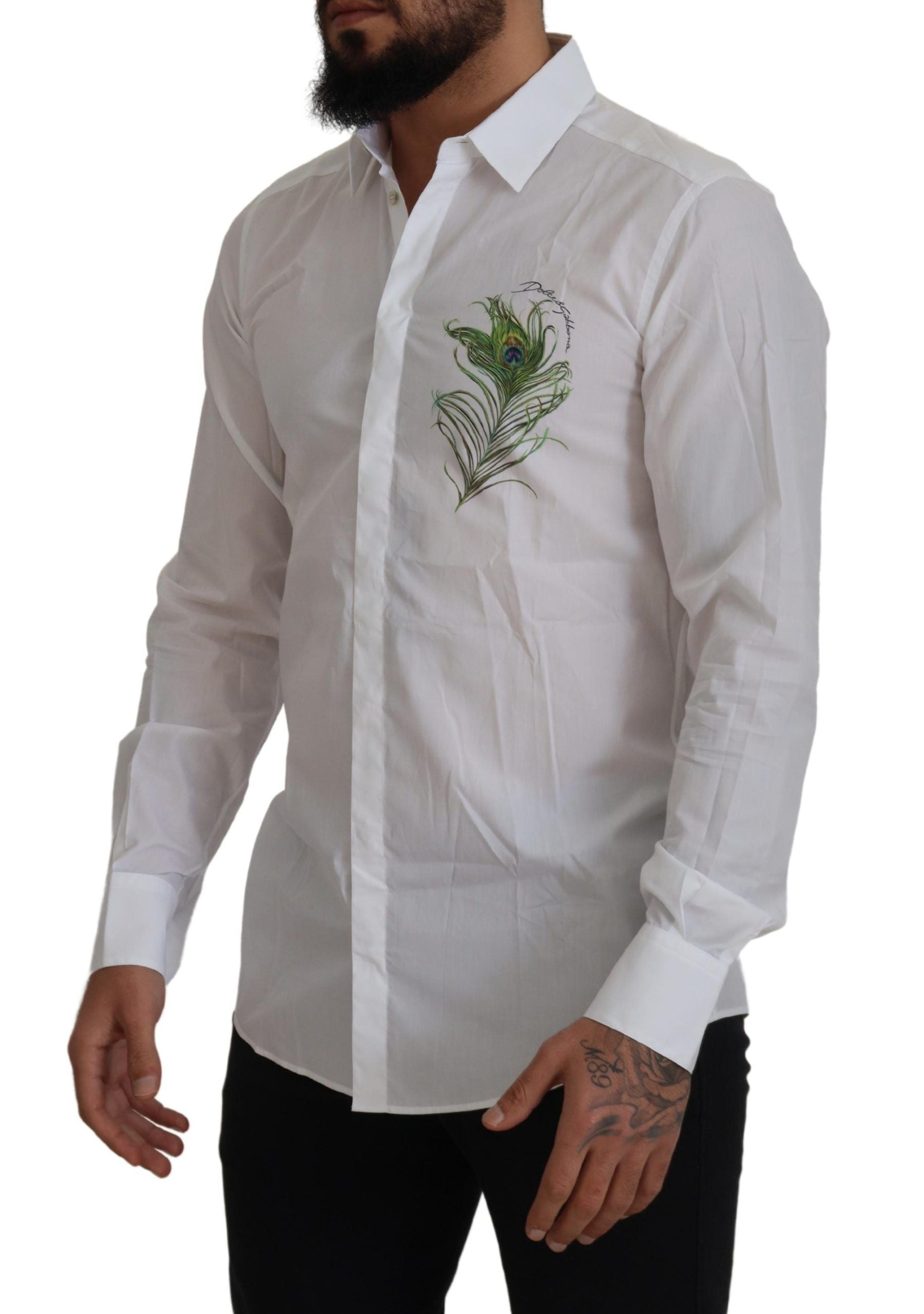 Dolce & Gabbana White Cotton Peacock Feather Formal GOLD Shirt | Regal Royce