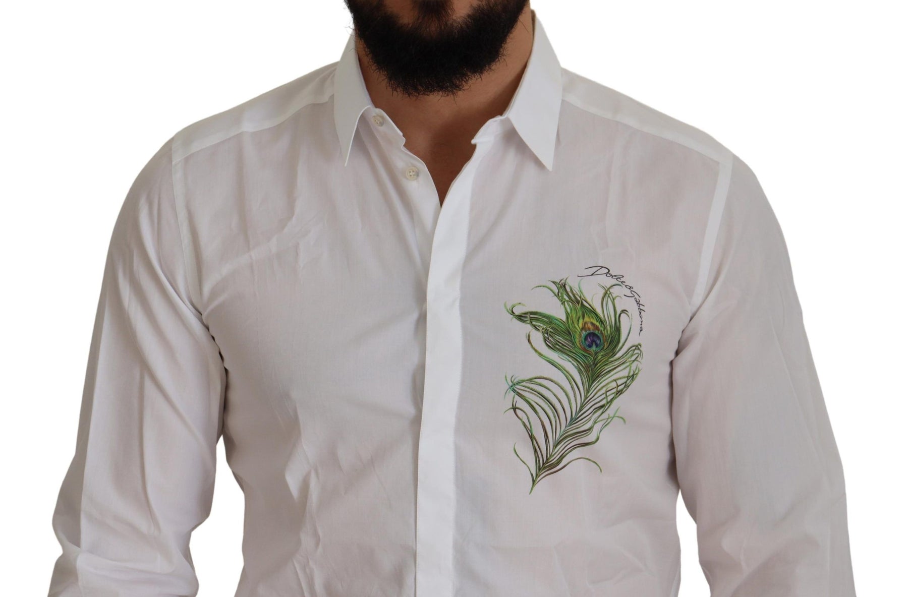 Dolce & Gabbana White Cotton Peacock Feather Formal GOLD Shirt | Regal Royce