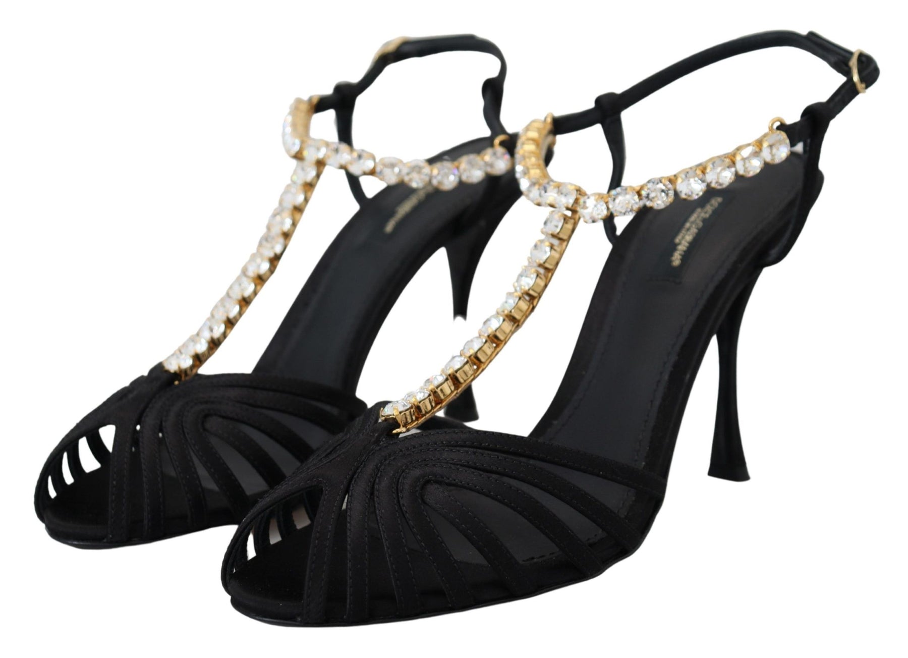 Dolce & Gabbana Black Satin Clear Crystal T-strap Sandal Shoes | Regal Royce