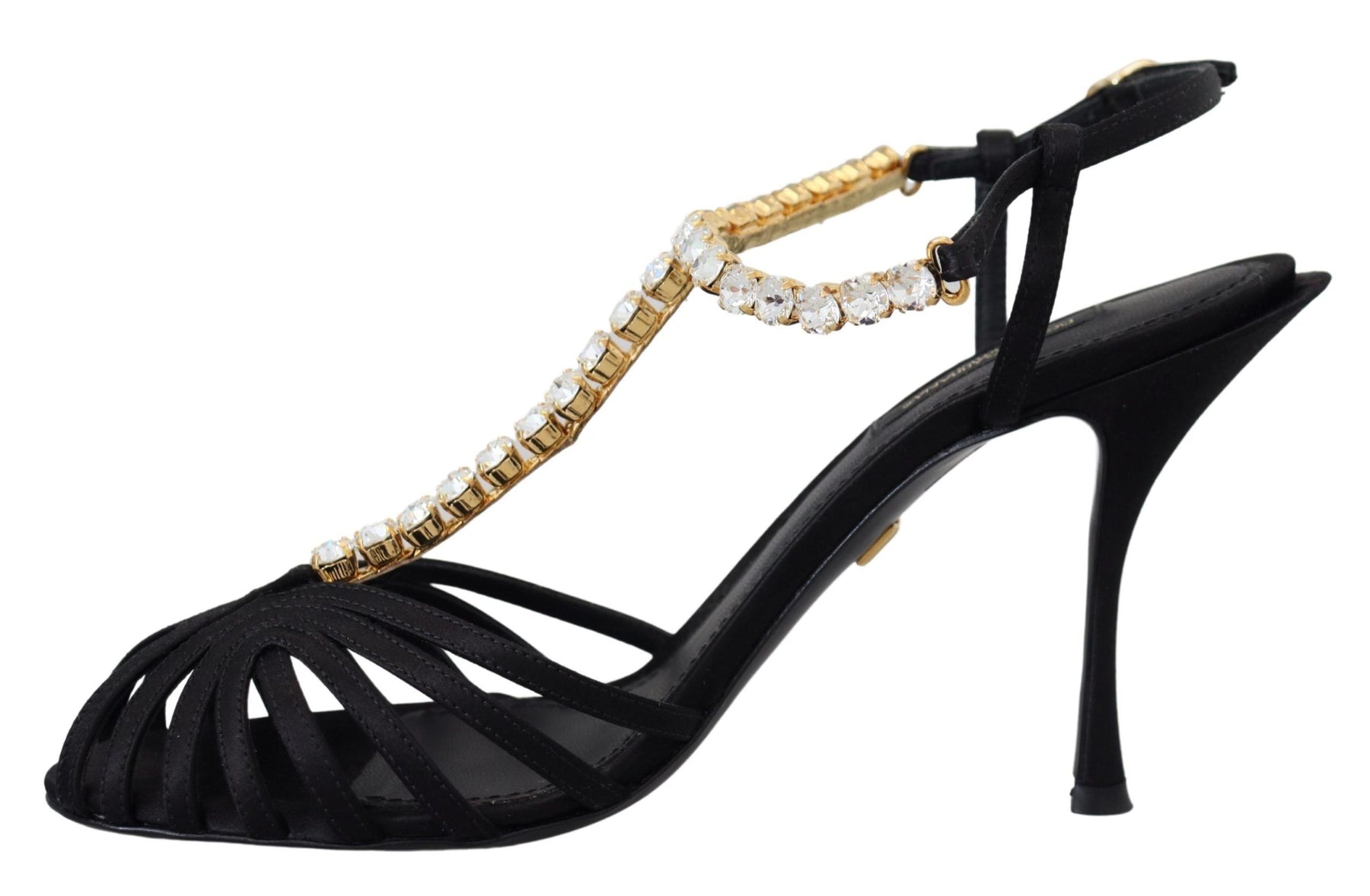Dolce & Gabbana Black Satin Clear Crystal T-strap Sandal Shoes | Regal Royce