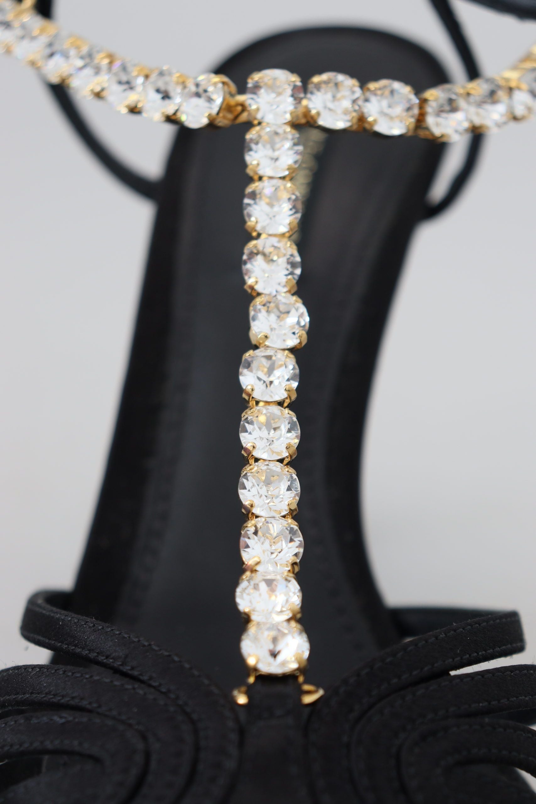 Dolce & Gabbana Black Satin Clear Crystal T-strap Sandal Shoes | Regal Royce