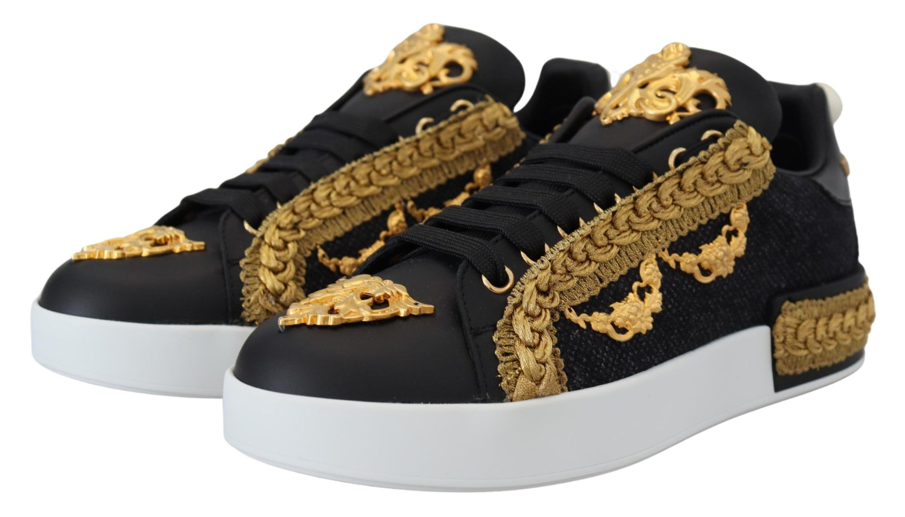 Dolce & Gabbana Black Gold Baroque Portofino Leather Sneakers Shoes | Regal Royce