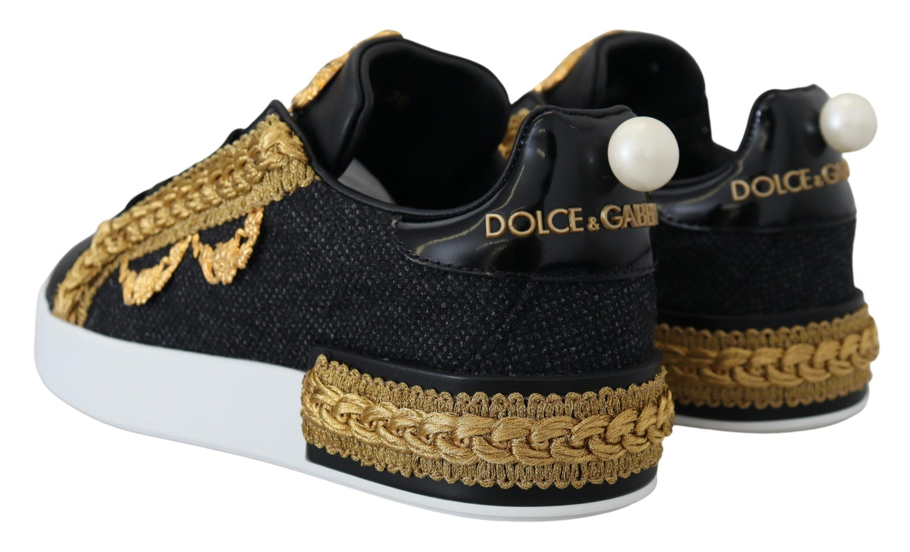 Dolce & Gabbana Black Gold Baroque Portofino Leather Sneakers Shoes | Regal Royce