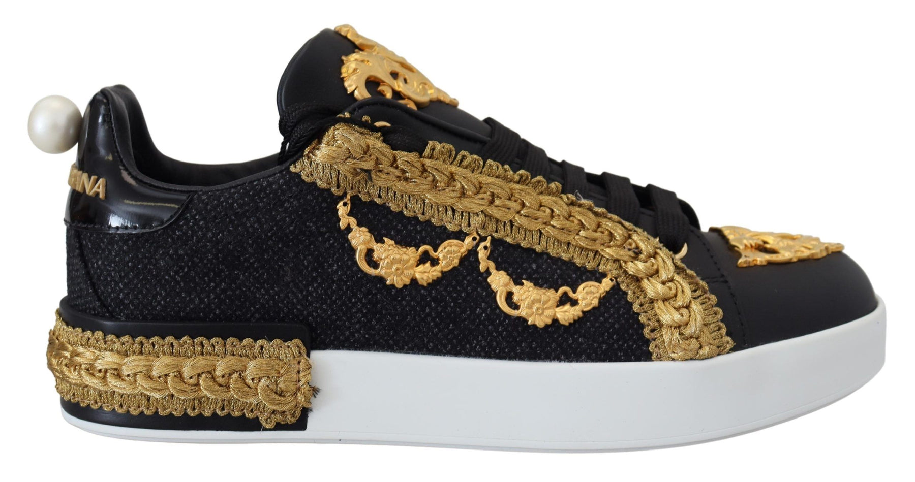 Dolce & Gabbana Black Gold Baroque Portofino Leather Sneakers Shoes | Regal Royce