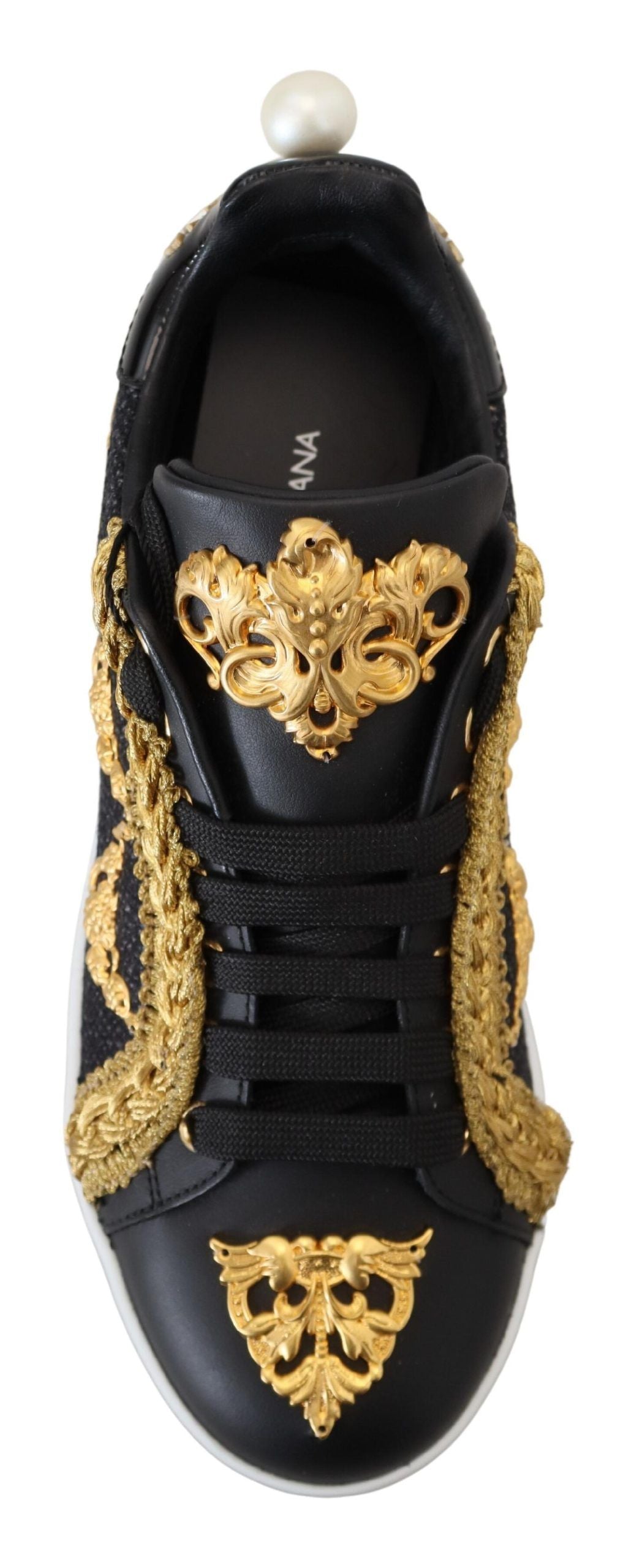 Dolce & Gabbana Black Gold Baroque Portofino Leather Sneakers Shoes | Regal Royce