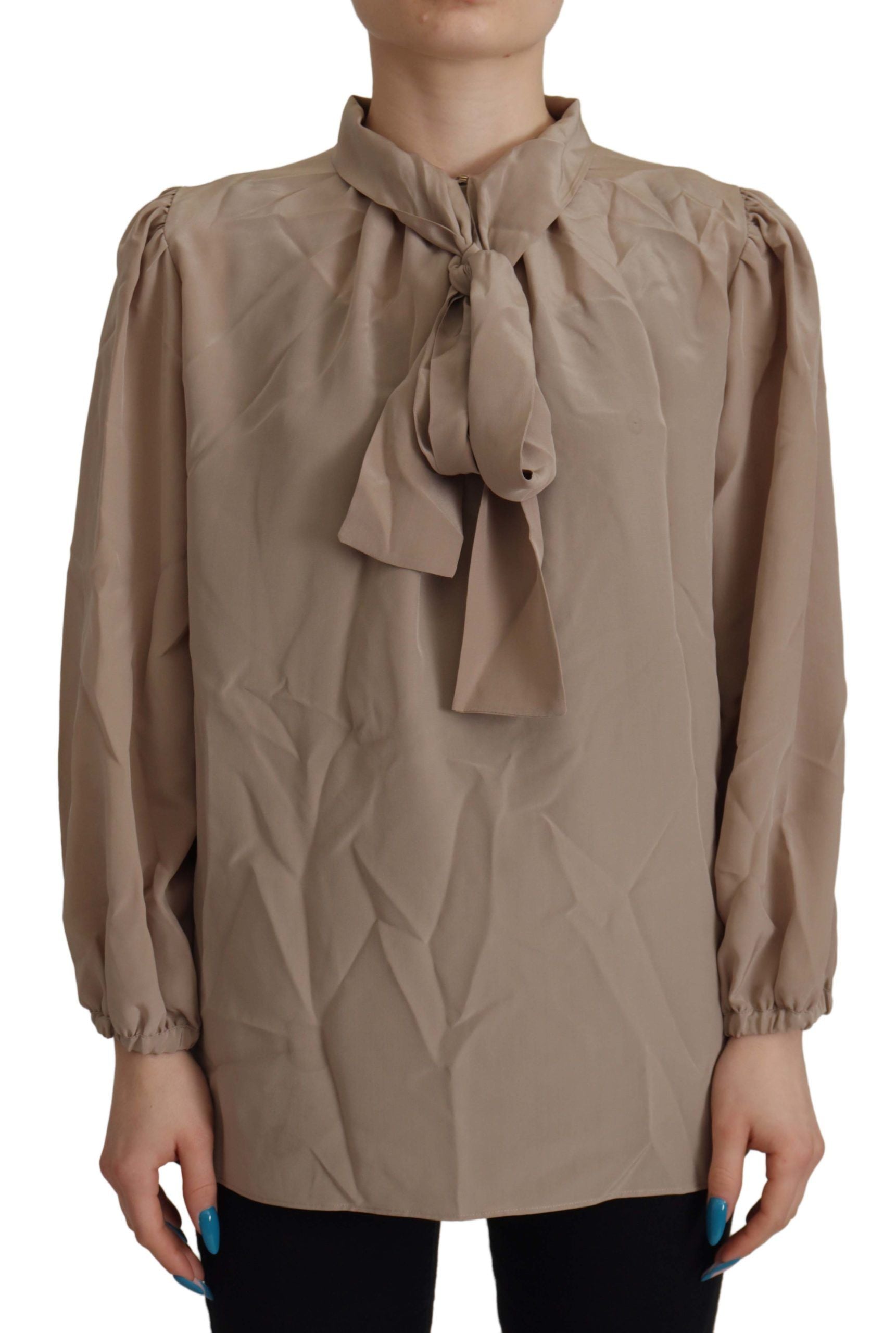 Dolce & Gabbana Brown Waistband Sleeves Ascot Collar Top Blouse | Regal Royce