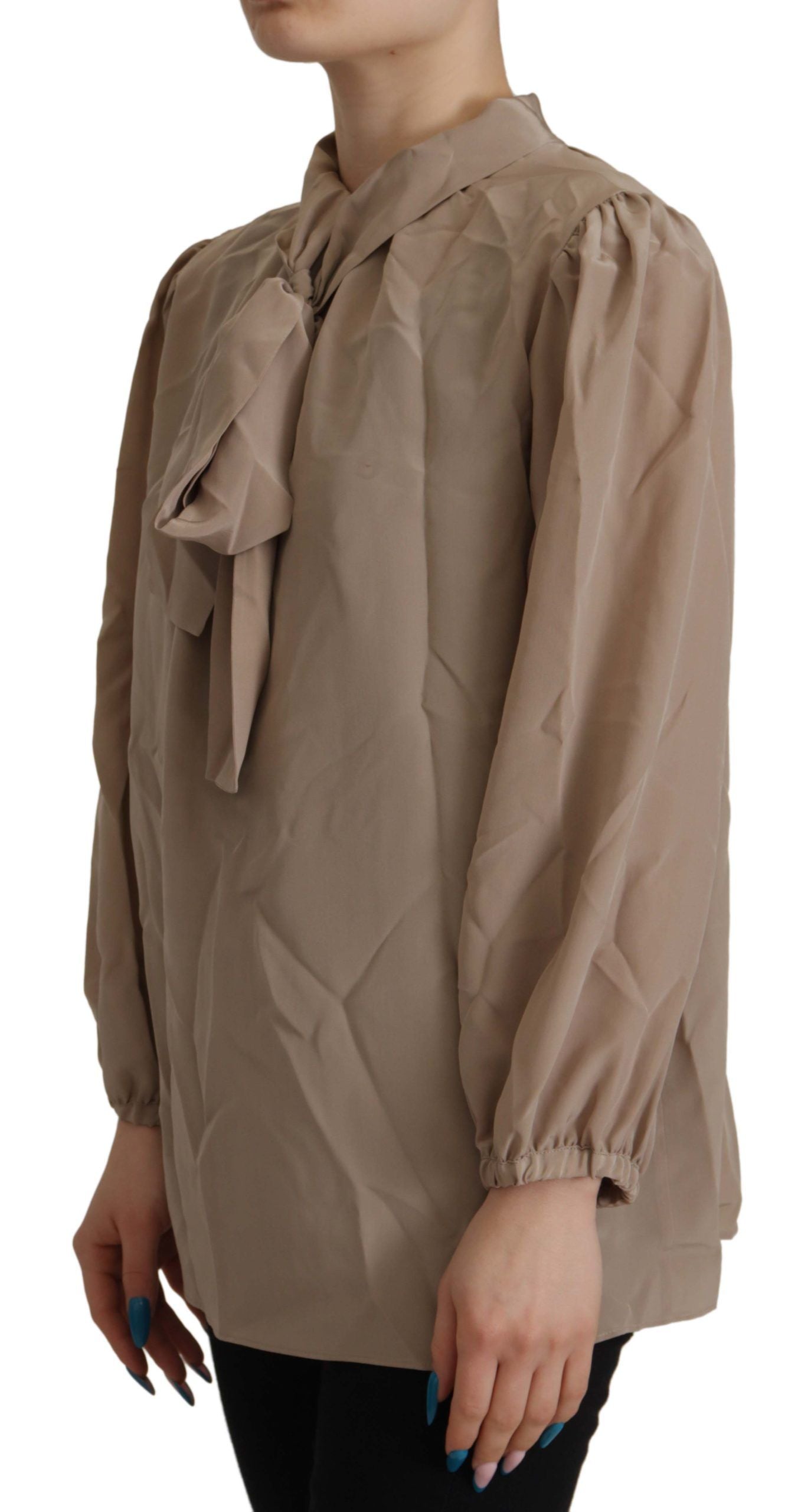 Dolce & Gabbana Brown Waistband Sleeves Ascot Collar Top Blouse | Regal Royce