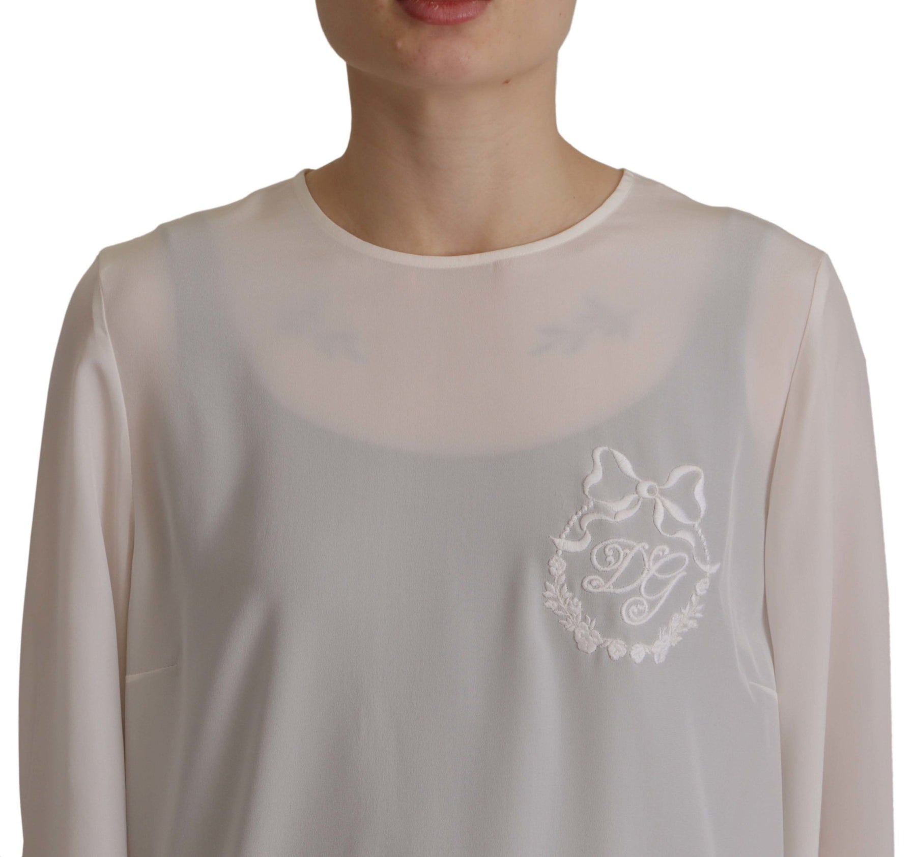 Dolce & Gabbana White Silk DG Logo Embroidered Long Sleeves Blouse | Regal Royce