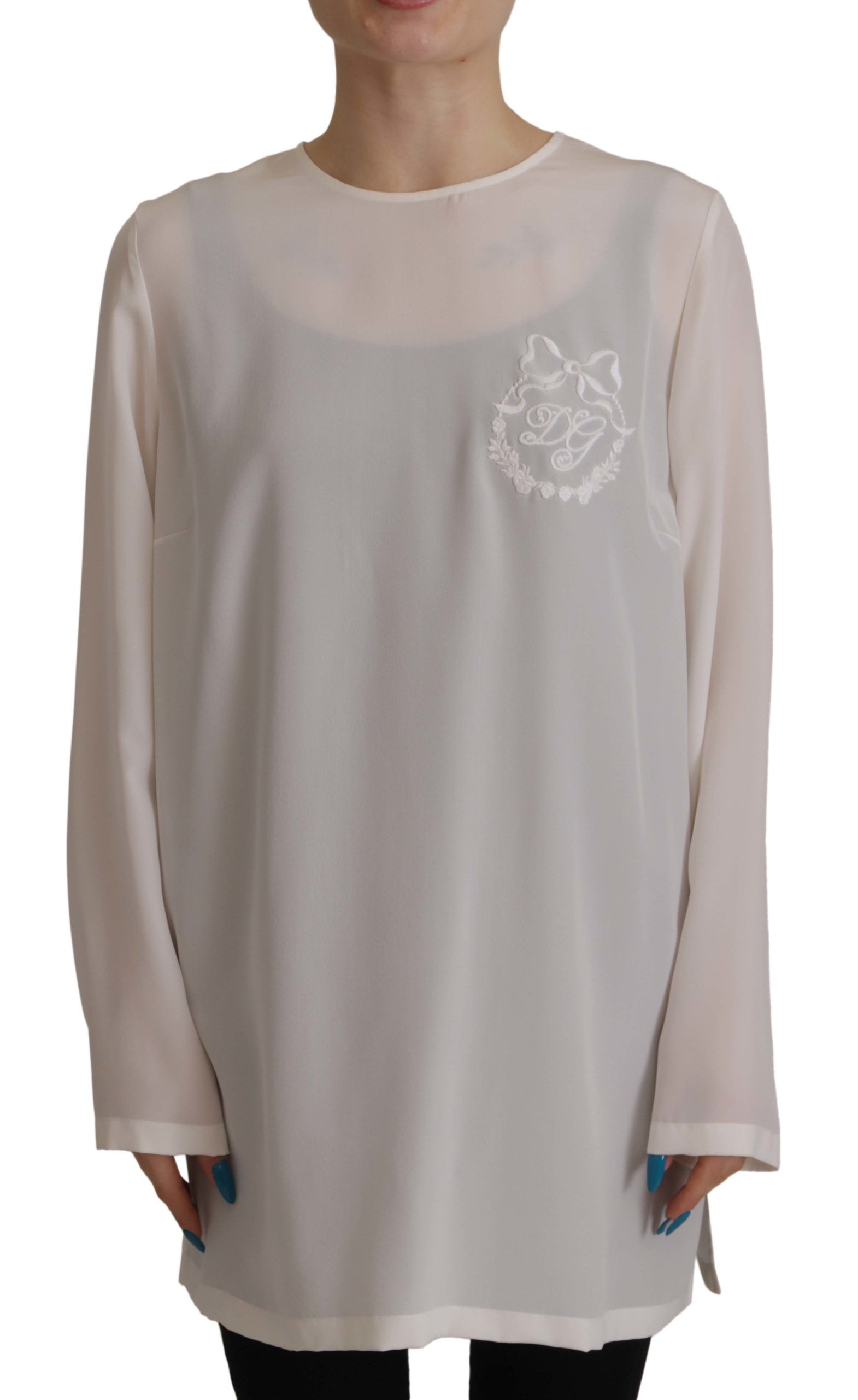Dolce & Gabbana White Silk DG Logo Embroidered Long Sleeves Blouse | Regal Royce