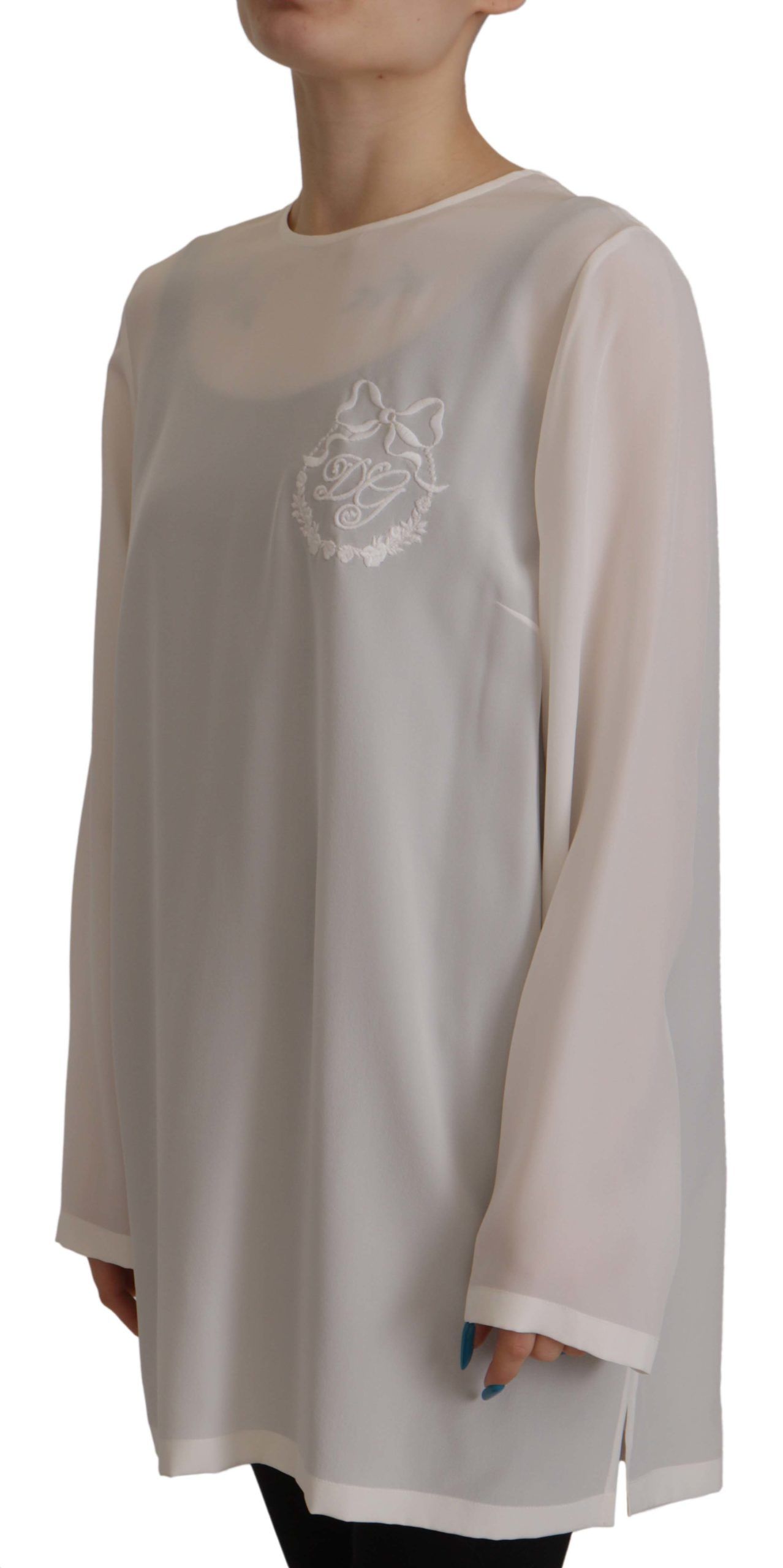 Dolce & Gabbana White Silk DG Logo Embroidered Long Sleeves Blouse | Regal Royce