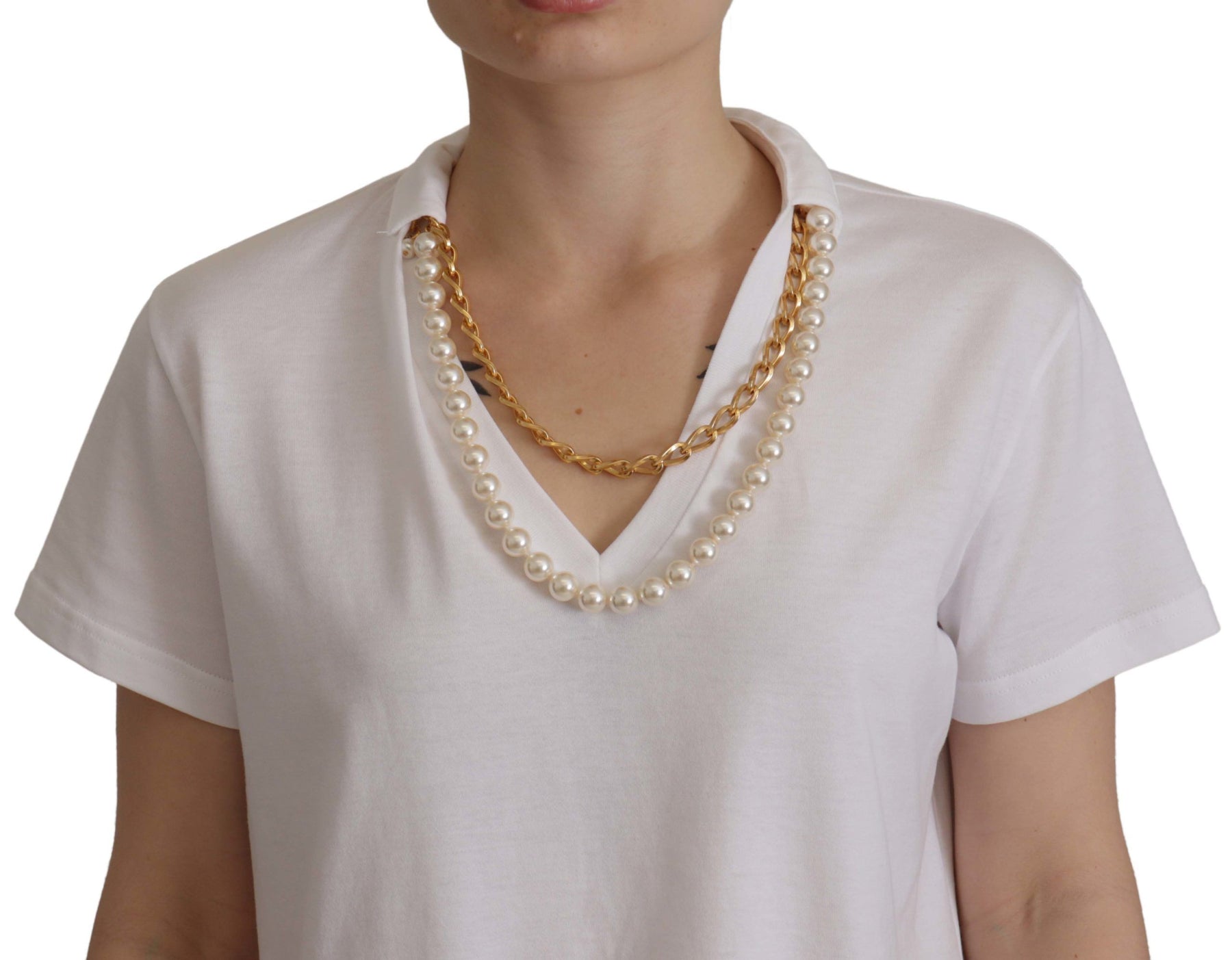 Dolce & Gabbana White Necklace Embellished Neckline T-shirt Top | Regal Royce