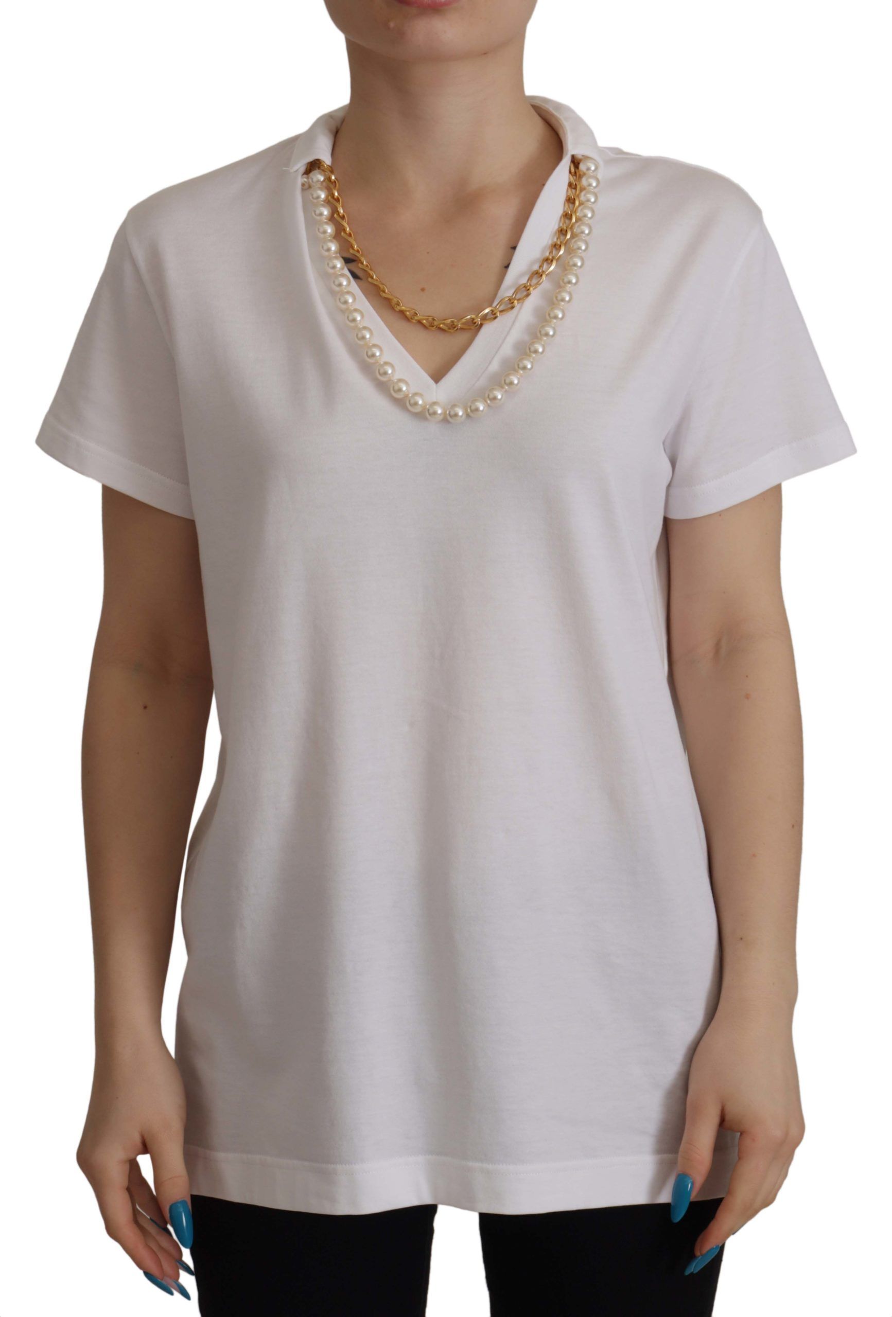 Dolce & Gabbana White Necklace Embellished Neckline T-shirt Top | Regal Royce