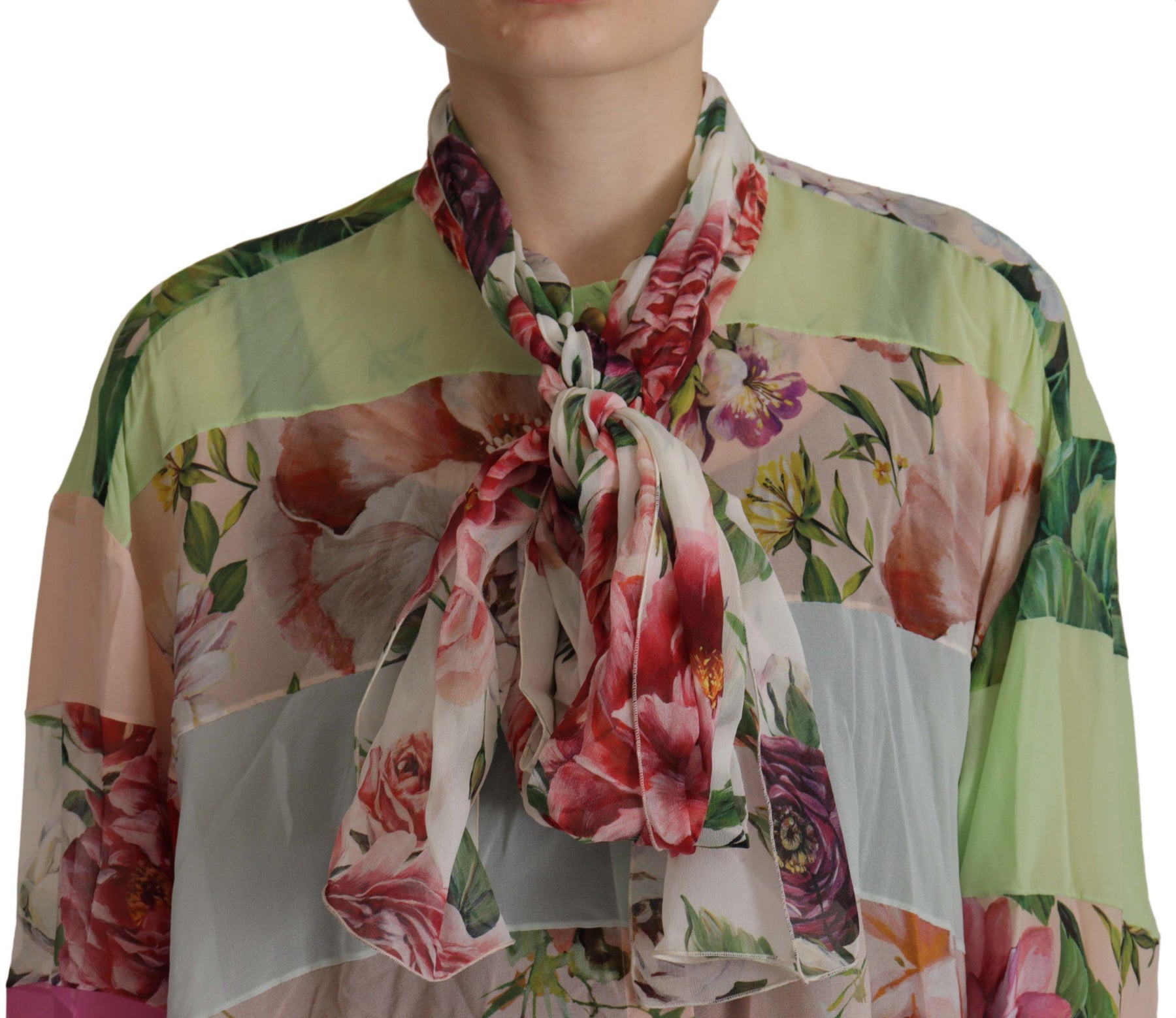 Dolce & Gabbana Multicolor  Floral Patchwork Design Ascot Collar Top Blouse | Regal Royce