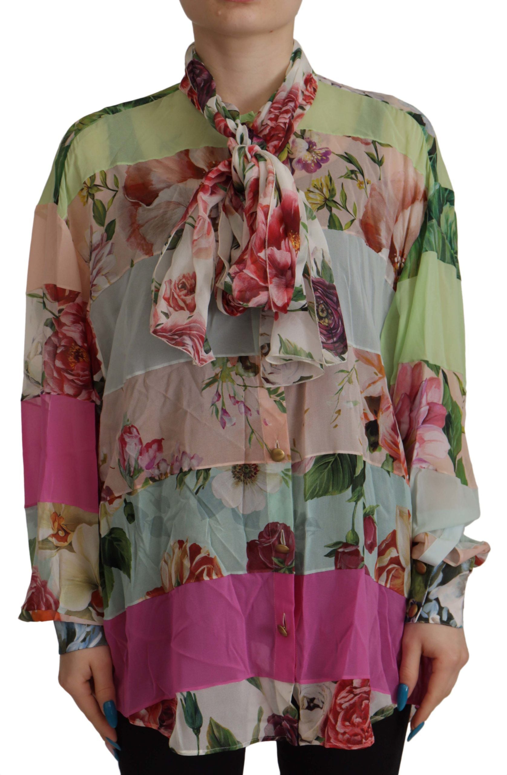 Dolce & Gabbana Multicolor  Floral Patchwork Design Ascot Collar Top Blouse | Regal Royce