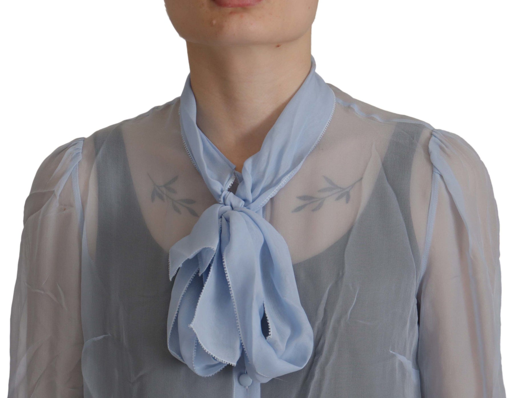 Dolce & Gabbana Light Blue Silk Ascot Collar Long Sleeves Top | Regal Royce