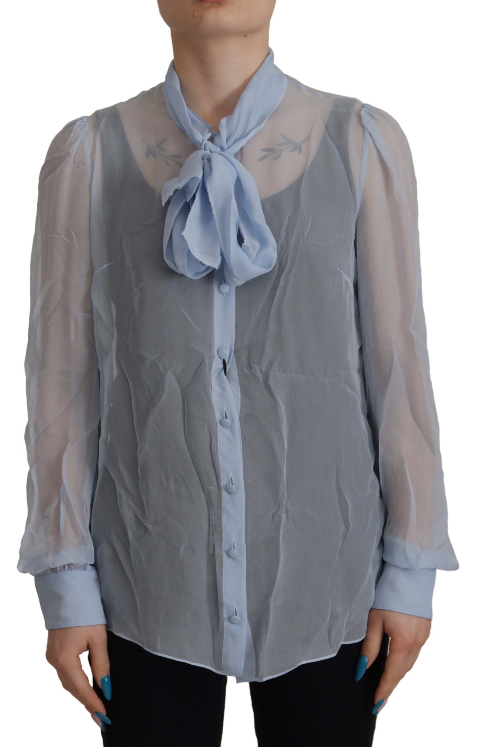 Dolce & Gabbana Light Blue Silk Ascot Collar Long Sleeves Top | Regal Royce