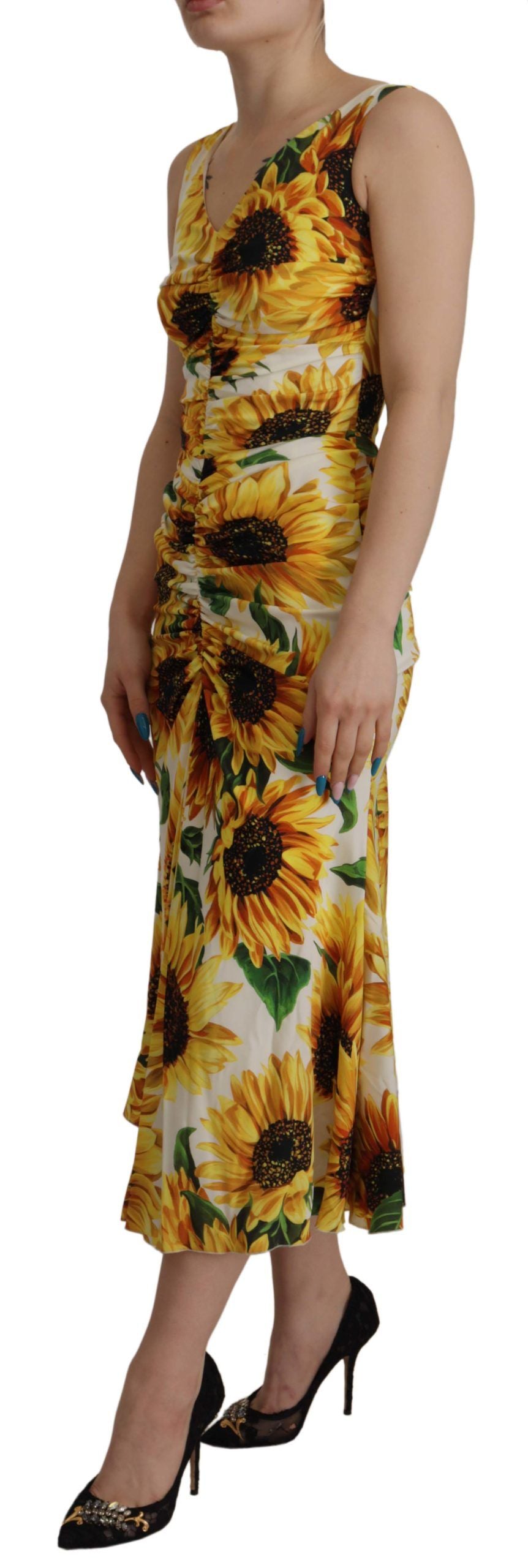 Dolce & Gabbana White Sunflower Print Sheath Midi Silk | Regal Royce