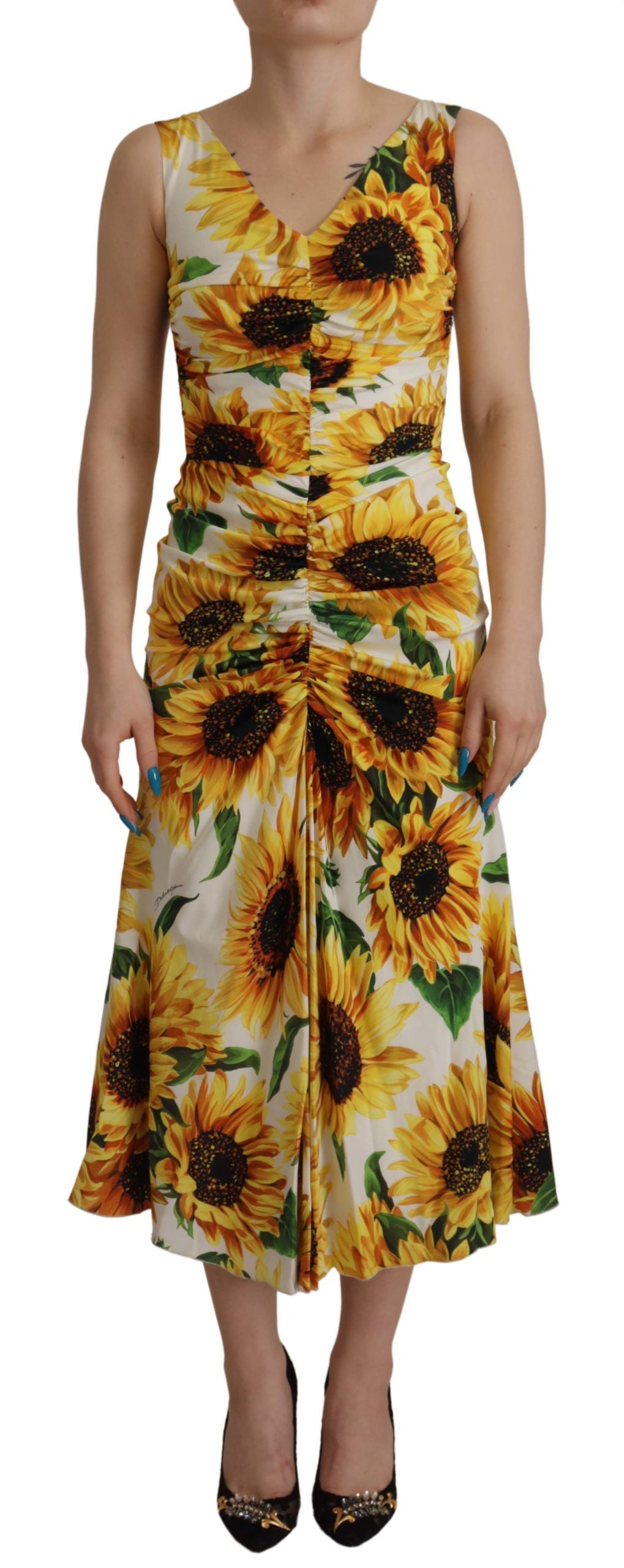 Dolce & Gabbana White Sunflower Print Sheath Midi Silk | Regal Royce