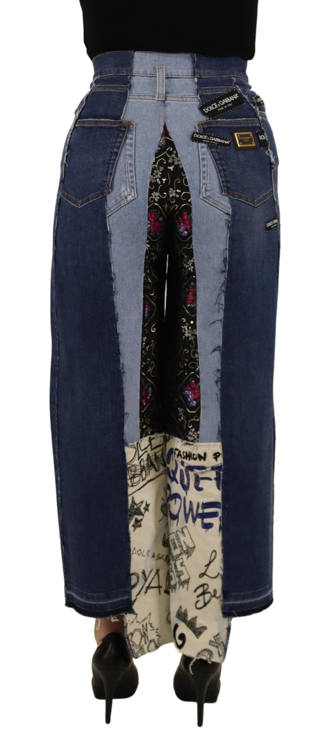 Dolce & Gabbana Multicolor Patchwork DG Fashion Wide Leg Denim Pant | Regal Royce