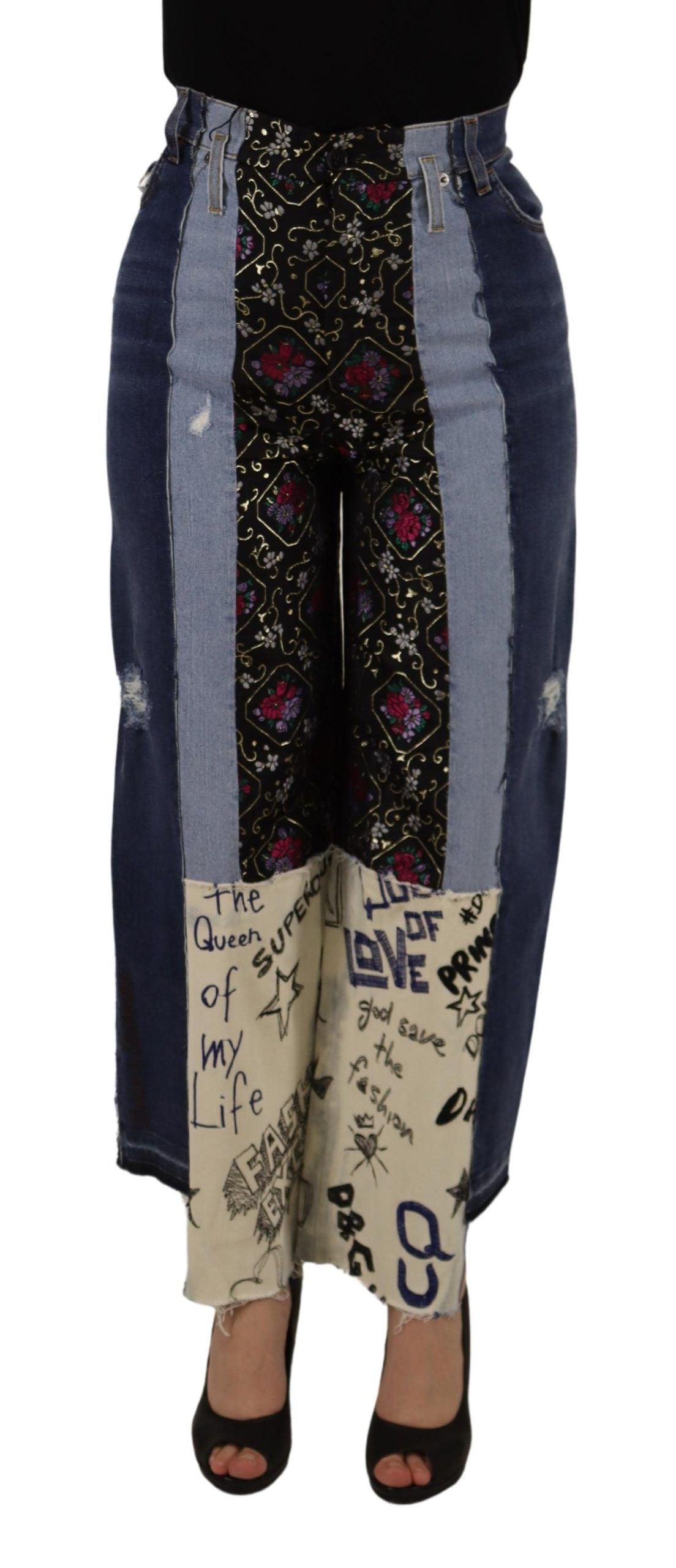 Dolce & Gabbana Multicolor Patchwork DG Fashion Wide Leg Denim Pant | Regal Royce