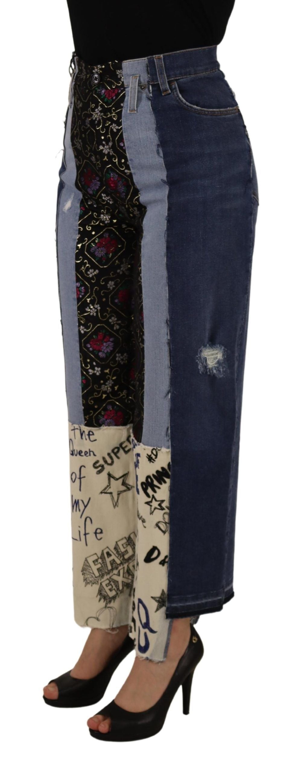 Dolce & Gabbana Multicolor Patchwork DG Fashion Wide Leg Denim Pant | Regal Royce