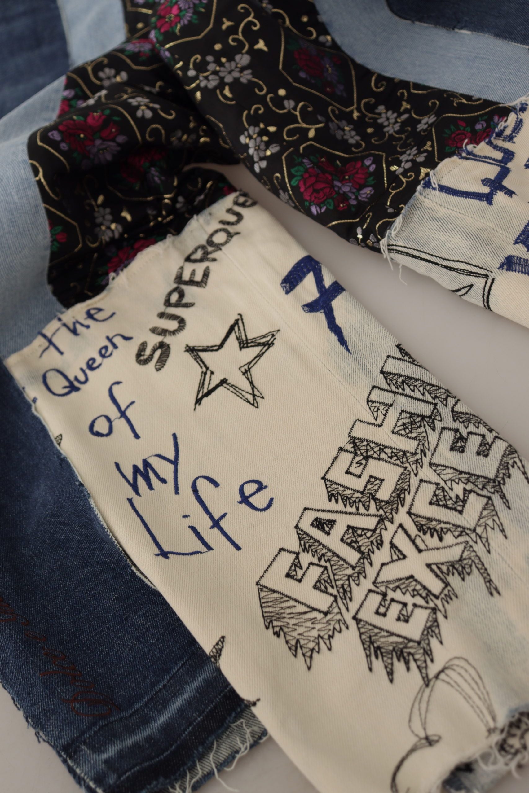 Dolce & Gabbana Multicolor Patchwork DG Fashion Wide Leg Denim Pant | Regal Royce