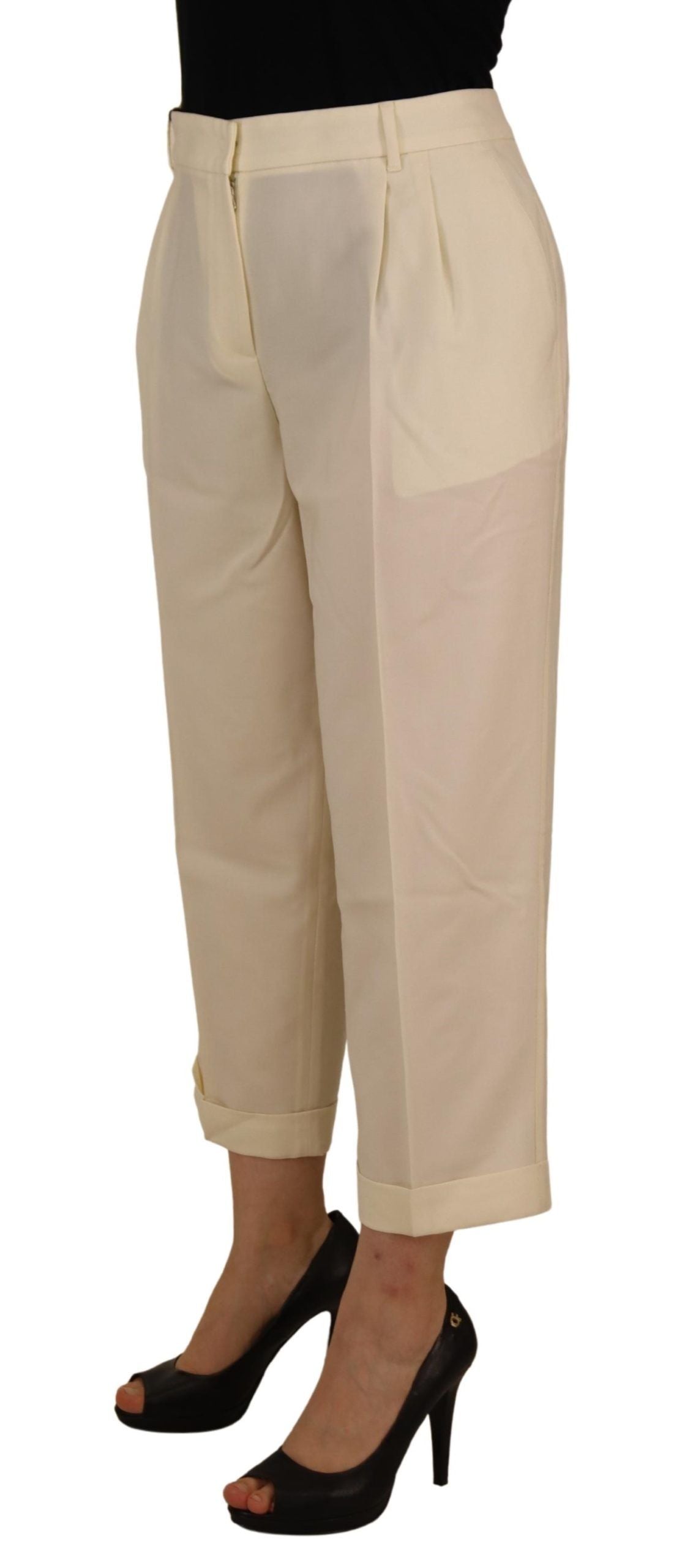 Dolce & Gabbana Ivory High Waist Cropped Folded Hem Trousers Pants | Regal Royce