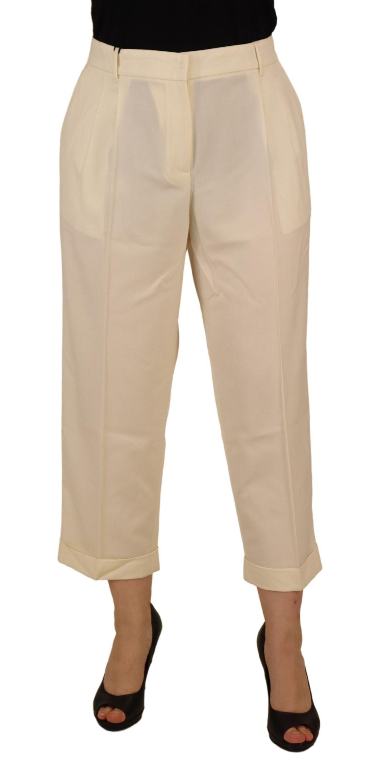 Dolce & Gabbana Ivory High Waist Cropped Folded Hem Trousers Pants | Regal Royce