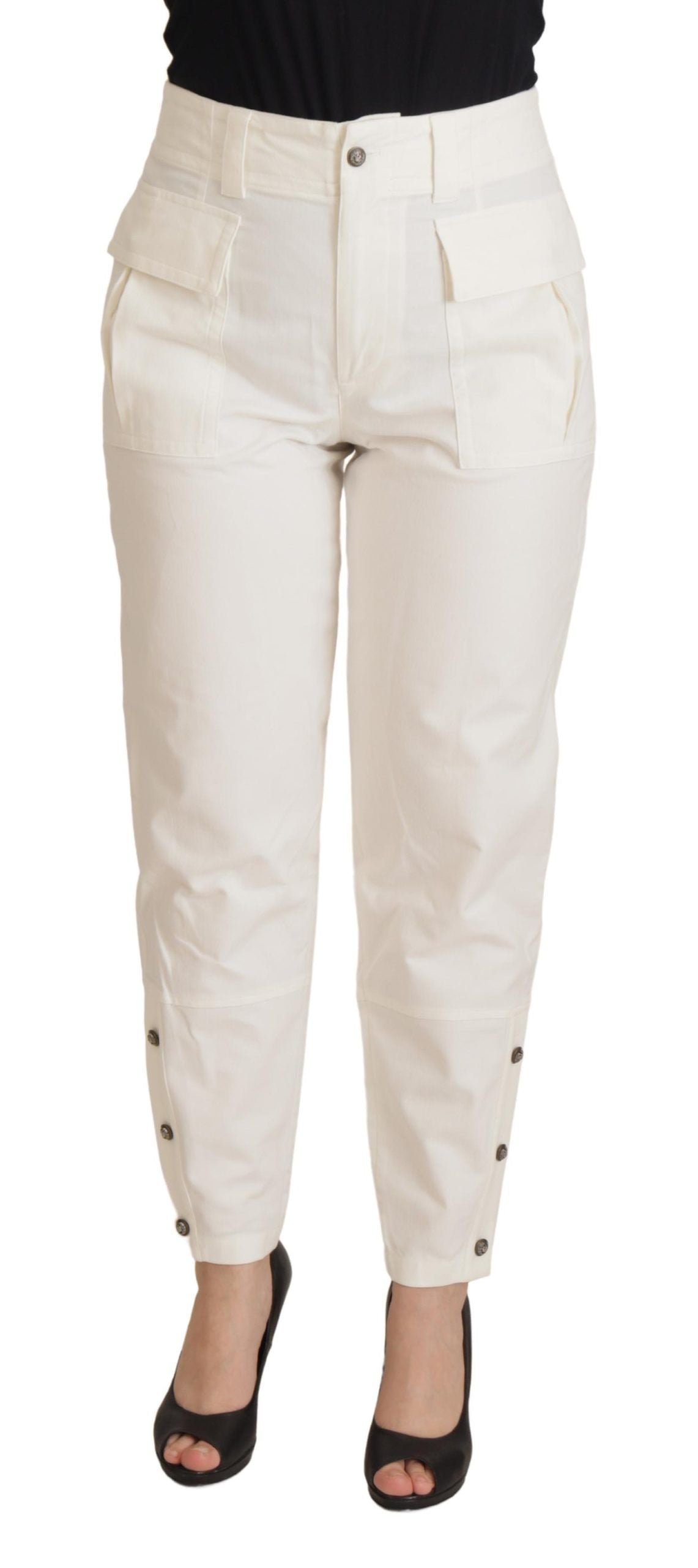 Dolce & Gabbana White High Waist Tapered Women Cotton Pants | Regal Royce