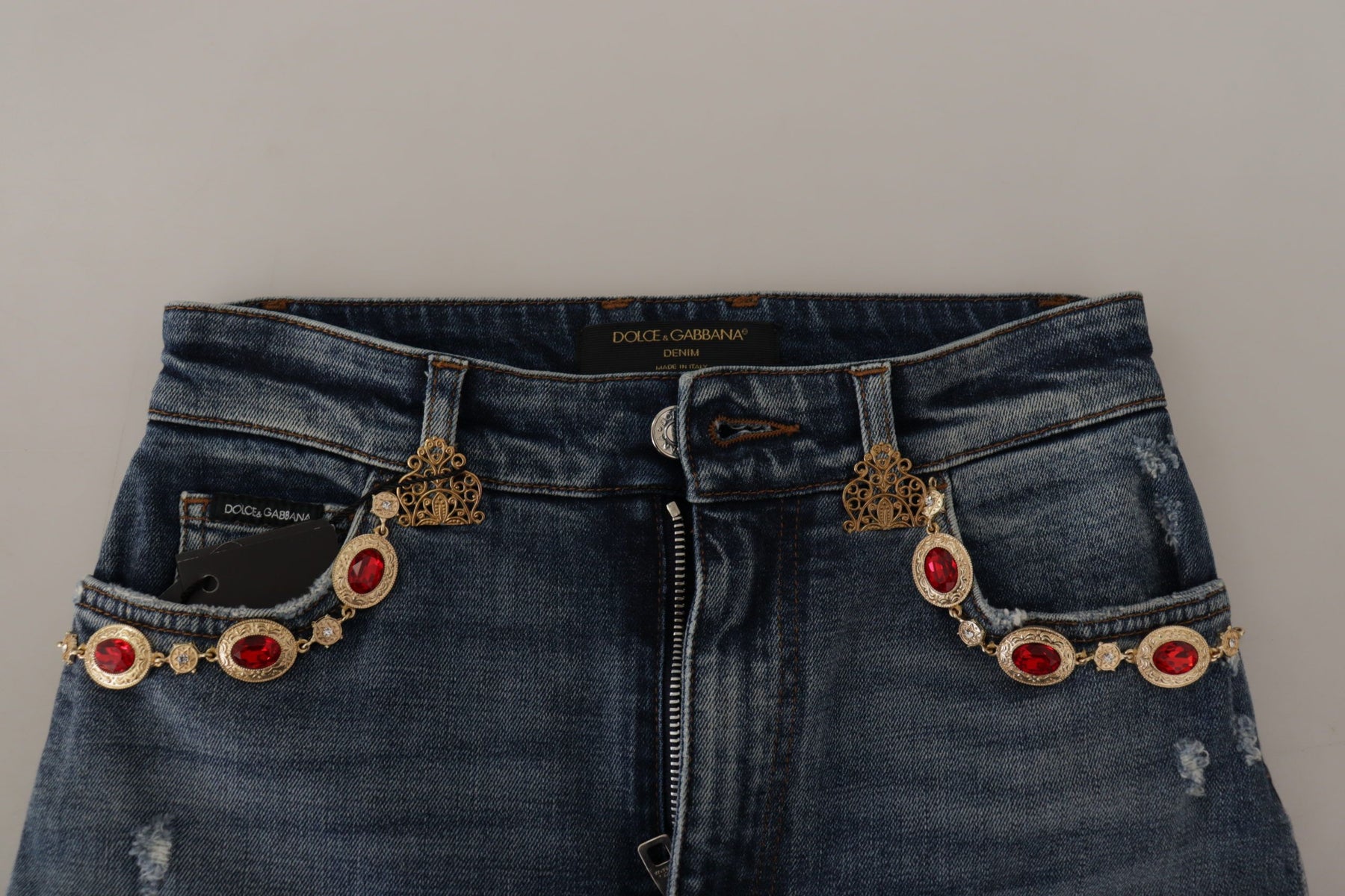 Dolce & Gabbana Blue Denim Crystal Embellished Pants Jeans | Regal Royce