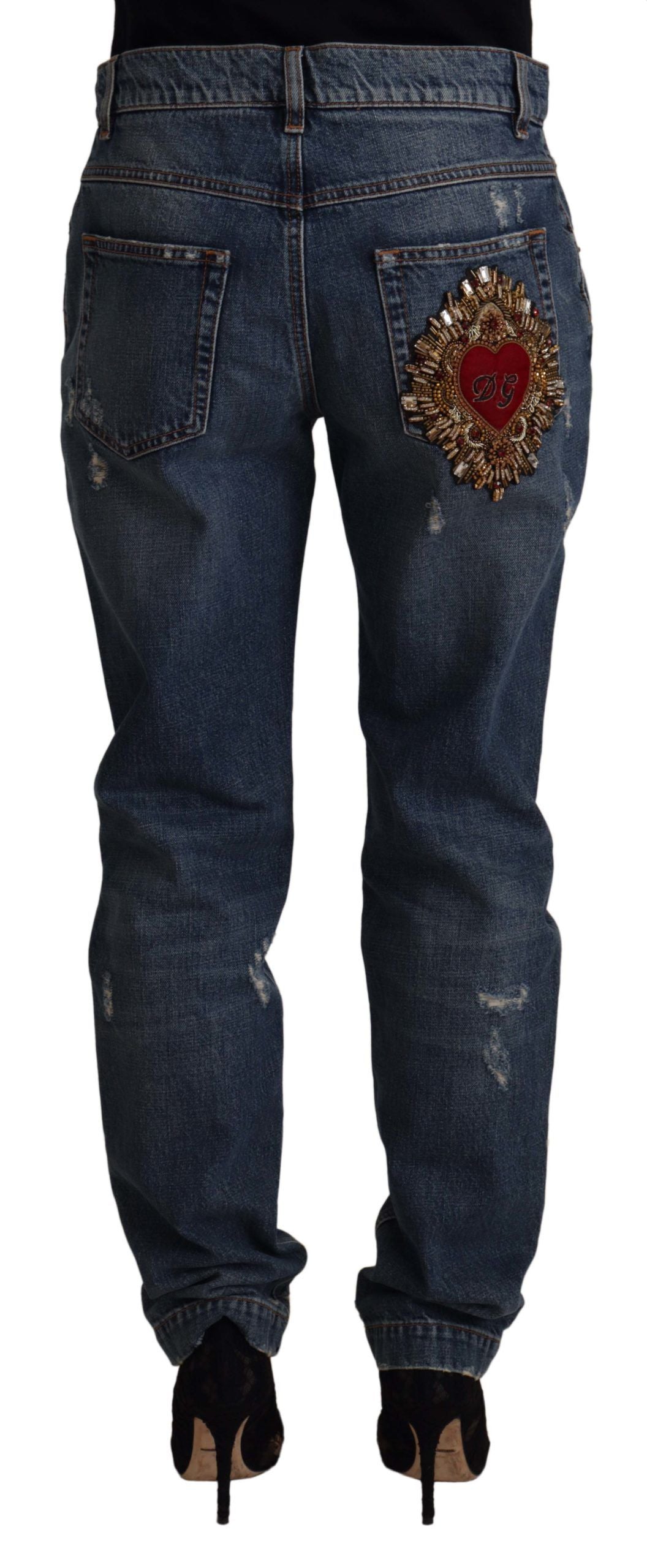 Dolce & Gabbana Blue Denim Baroque Heart Logo Patch Pants Jeans | Regal Royce