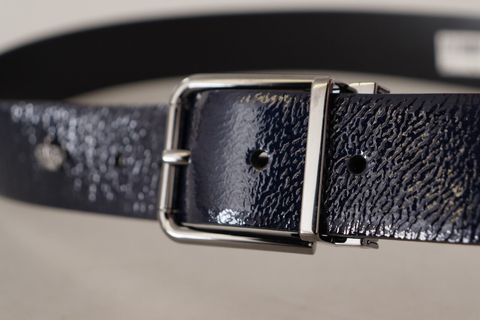 Dolce & Gabbana Blue Patent Leather Vernice Silver Logo Buckle Belt | Regal Royce