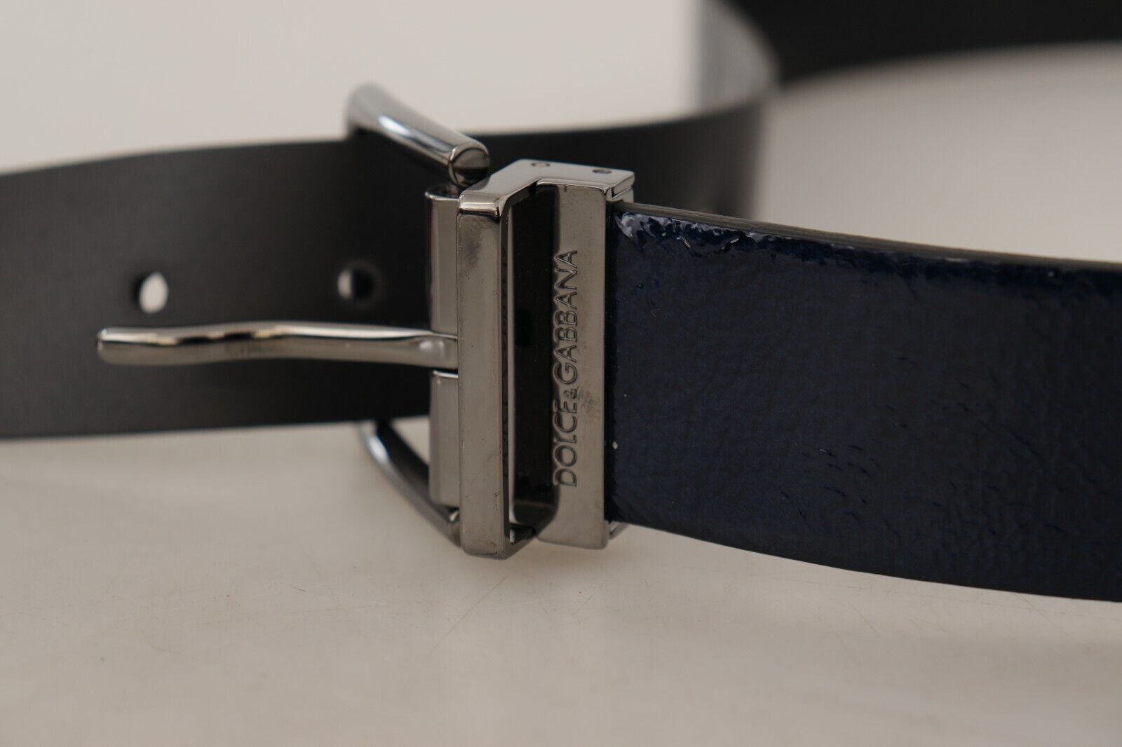 Dolce & Gabbana Blue Patent Leather Vernice Silver Logo Buckle Belt | Regal Royce