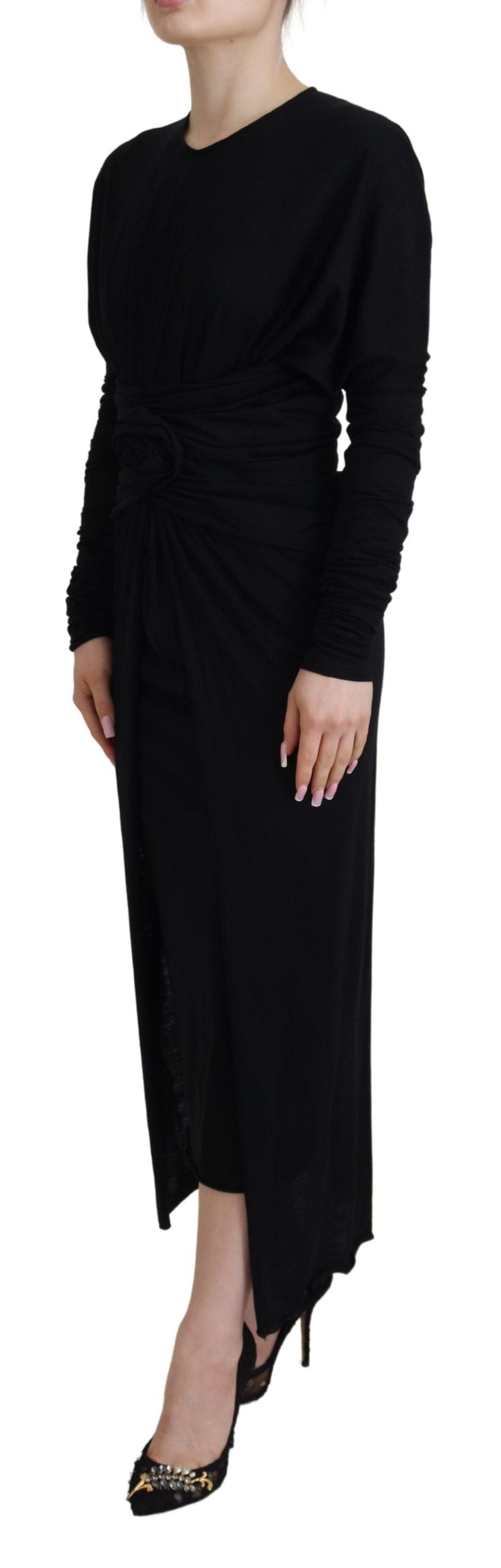 Dolce & Gabbana Black Sheath Midi Gown Wool Wrap Dress | Regal Royce