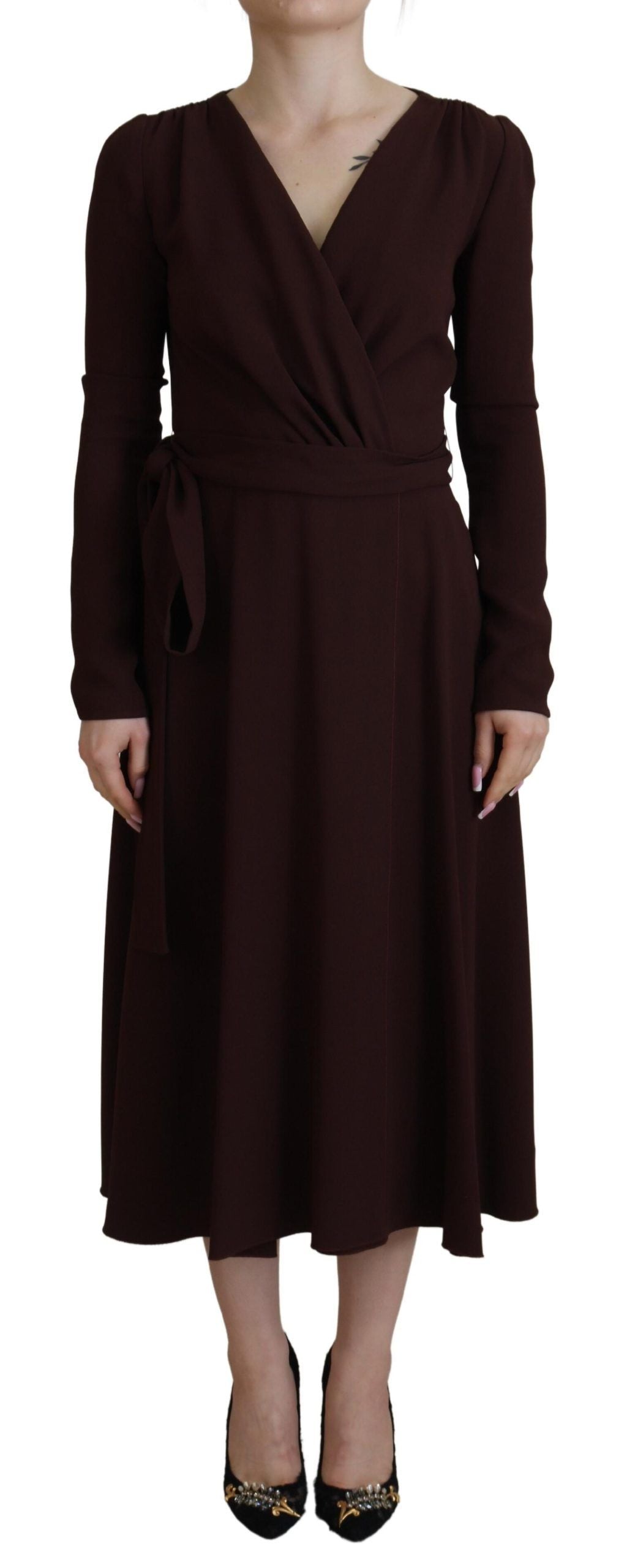 Dolce & Gabbana Brown Wrap Long Sleeve Midi Stretch Dress | Regal Royce