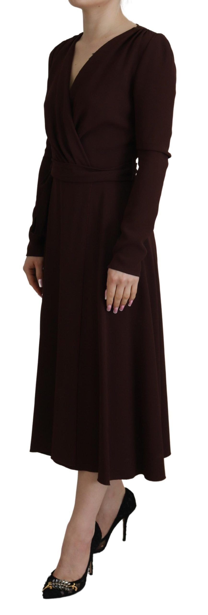 Dolce & Gabbana Brown Wrap Long Sleeve Midi Stretch Dress | Regal Royce
