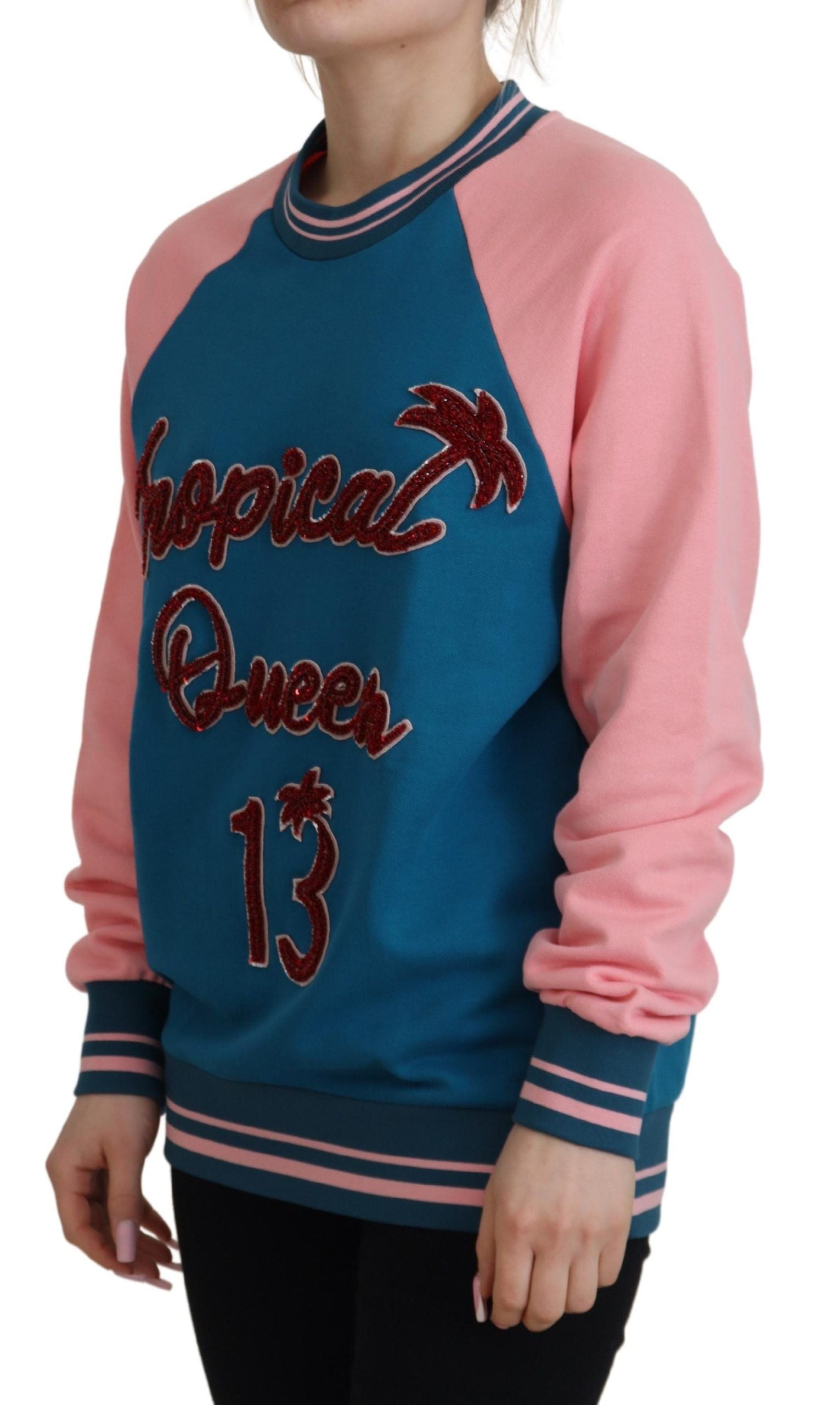 Dolce & Gabbana Blue Pink Queen Sequin Crystal Sweater | Regal Royce