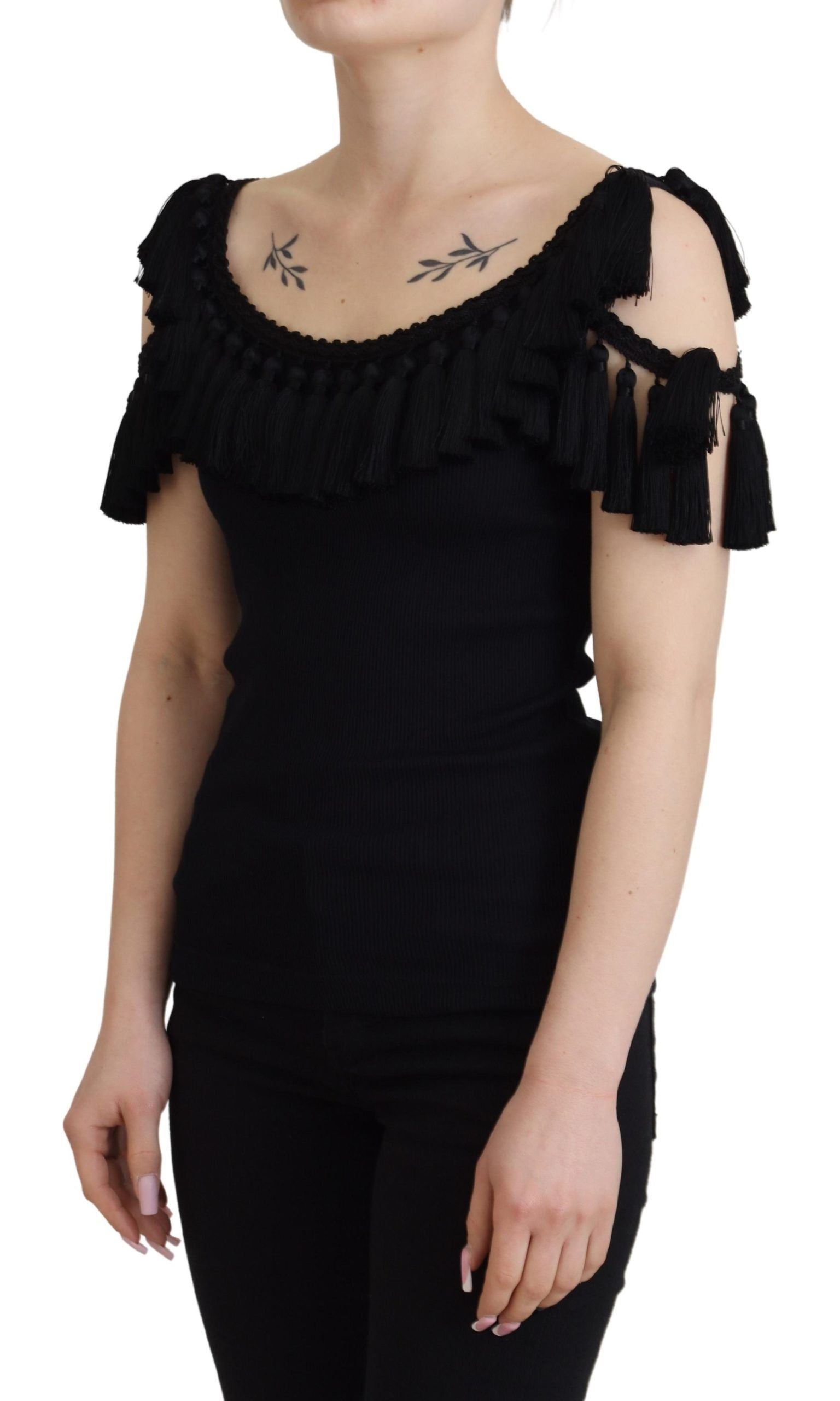 Dolce & Gabbana Black Tank Top Blouse Tassle Cotton Blouse | Regal Royce