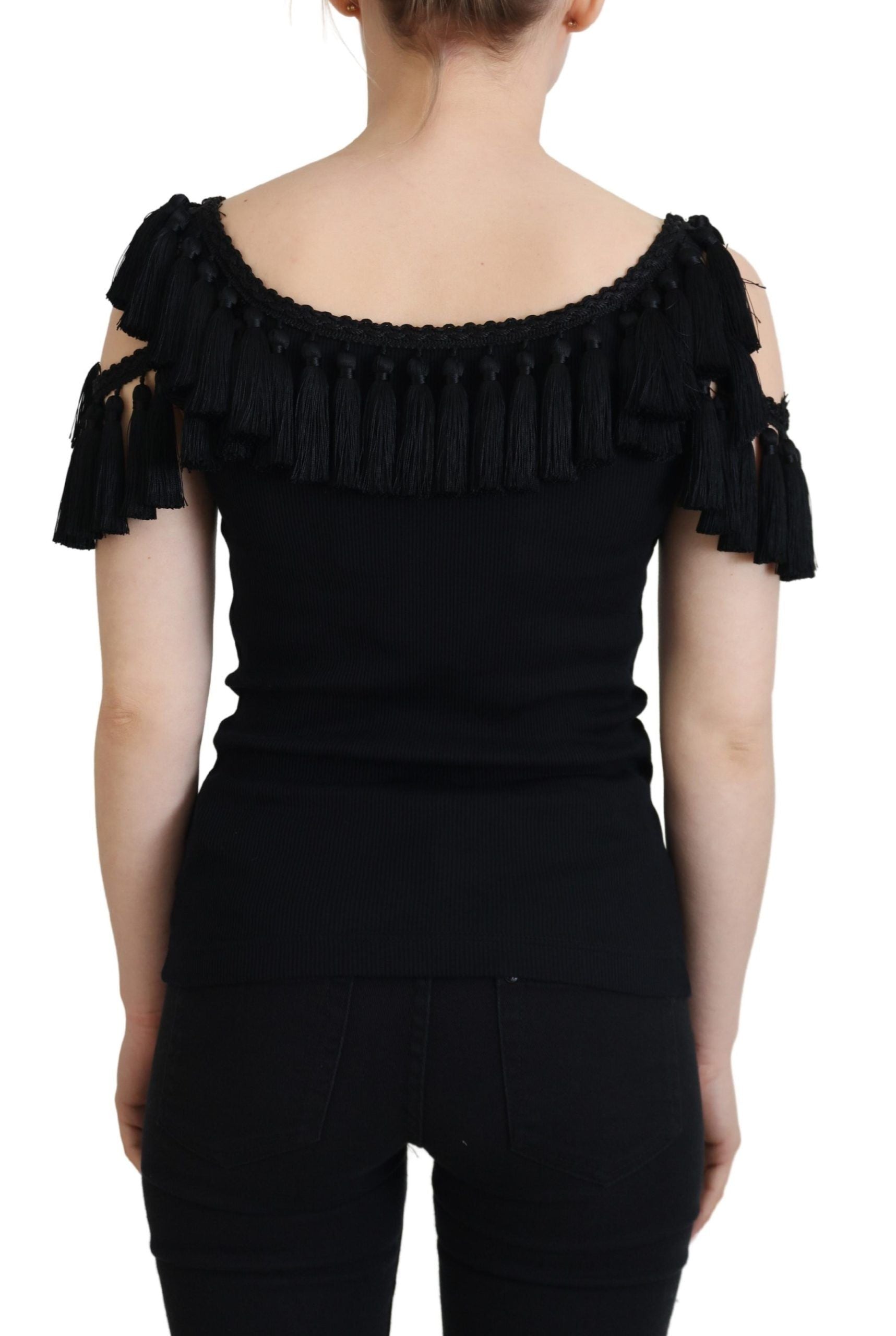 Dolce & Gabbana Black Tank Top Blouse Tassle Cotton Blouse | Regal Royce
