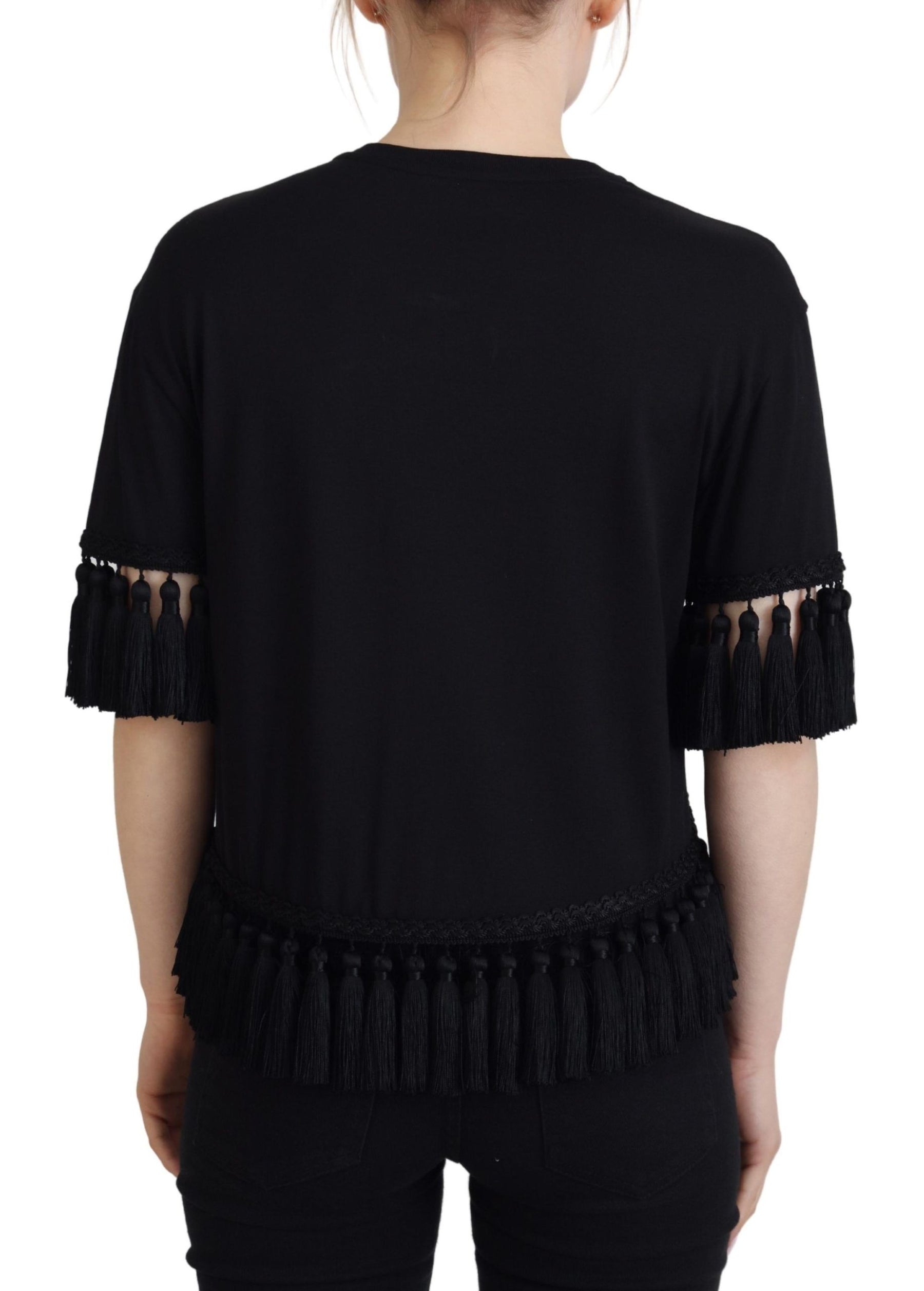 Dolce & Gabbana Black T-shirt Blouse Tassle Cotton Blouse | Regal Royce