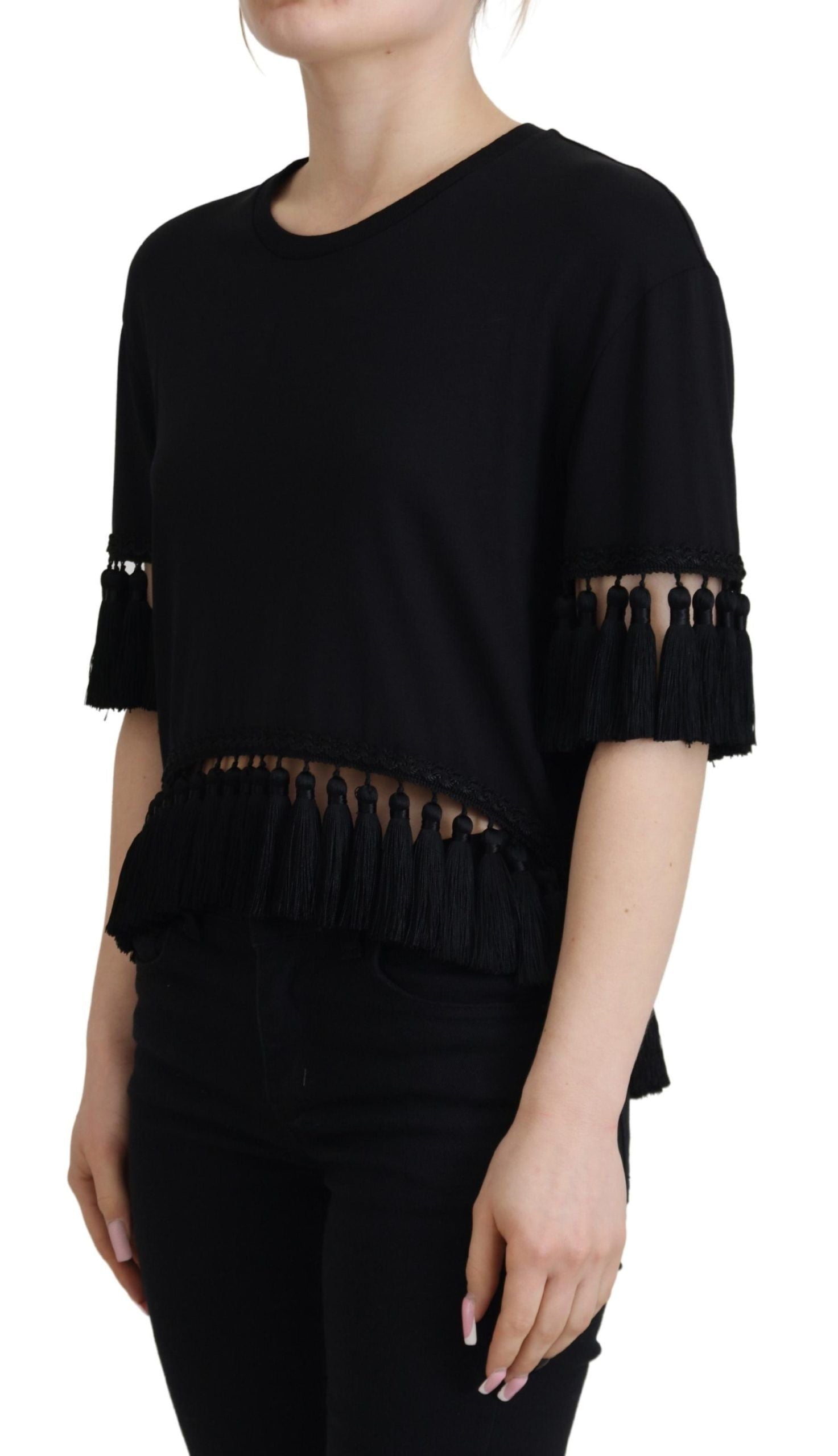 Dolce & Gabbana Black T-shirt Blouse Tassle Cotton Blouse | Regal Royce