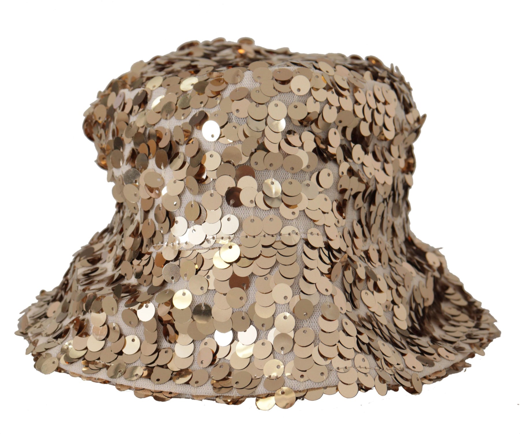 Dolce & Gabbana Gold Silk Sequin Embellished Designer Brim Bucket Hat | Regal Royce