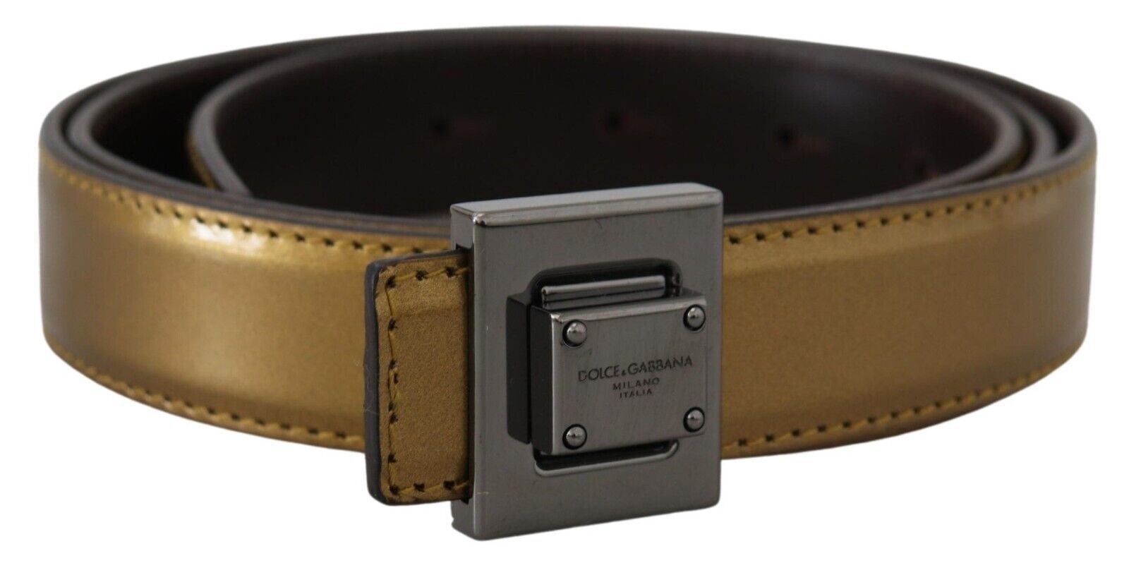 Dolce & Gabbana Gold Leather Silver Square Metal Buckle Belt | Regal Royce