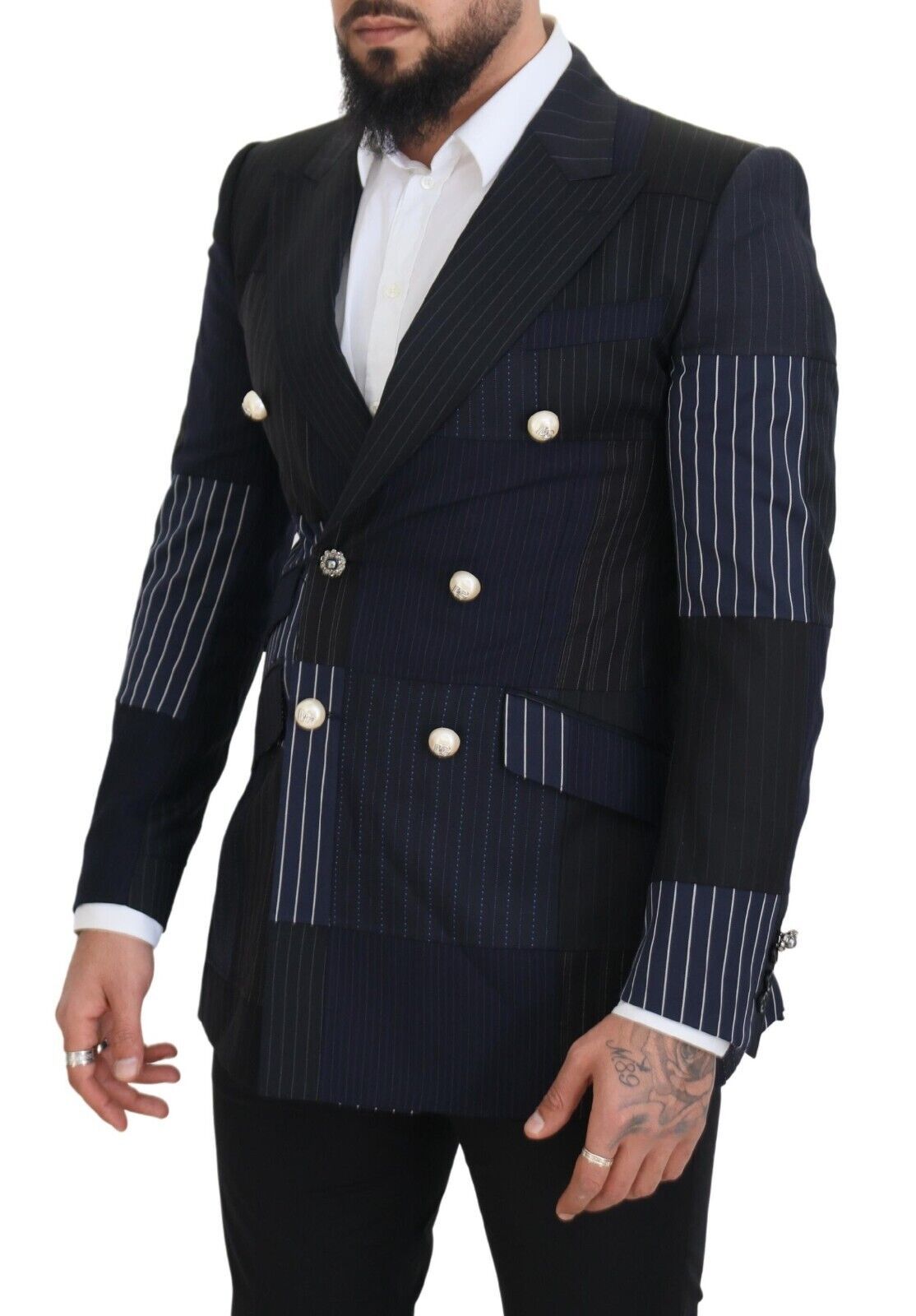 Dolce & Gabbana Blue Wool Patchwork Double Breasted Blazer | Regal Royce