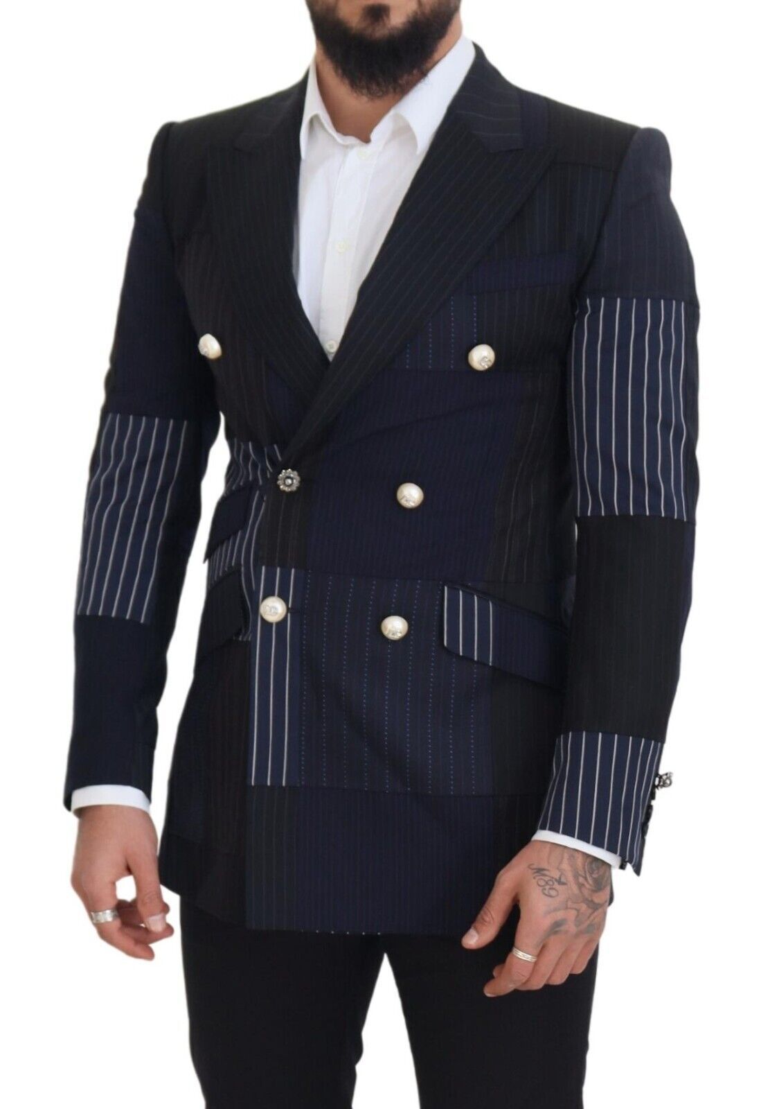 Dolce & Gabbana Blue Wool Patchwork Double Breasted Blazer | Regal Royce