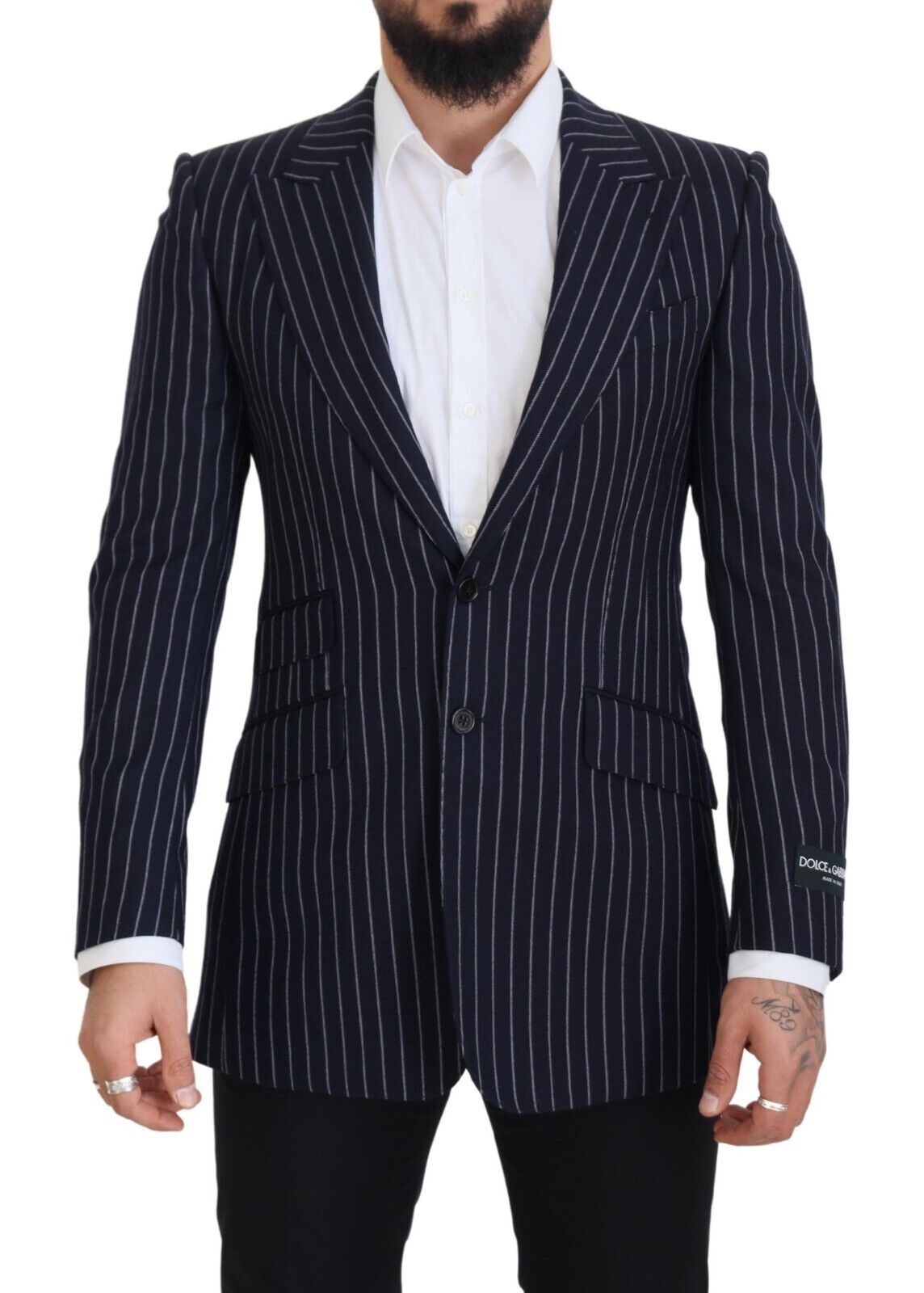 Dolce & Gabbana Dark Blue Stripe Wool Single Breasted Blazer | Regal Royce