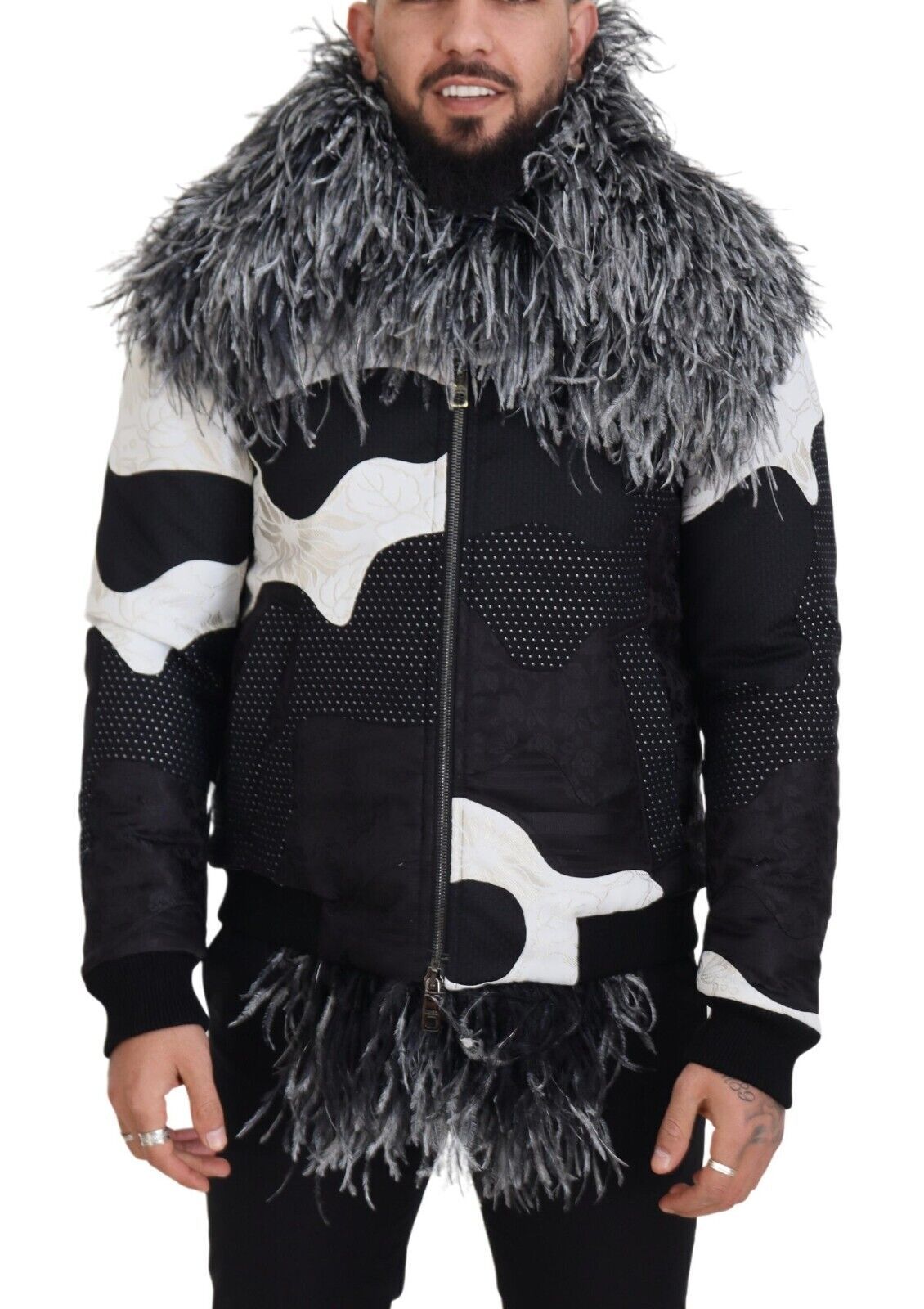 Dolce & Gabbana Black White Fur Shearling Full Zip Jacket | Regal Royce